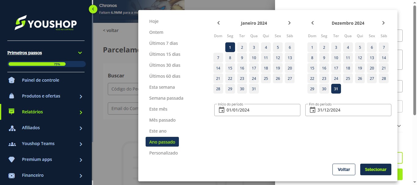 Escolha pelo menu do lado esquerdo ou defina uma data personalizada e clique em "Selecionar".