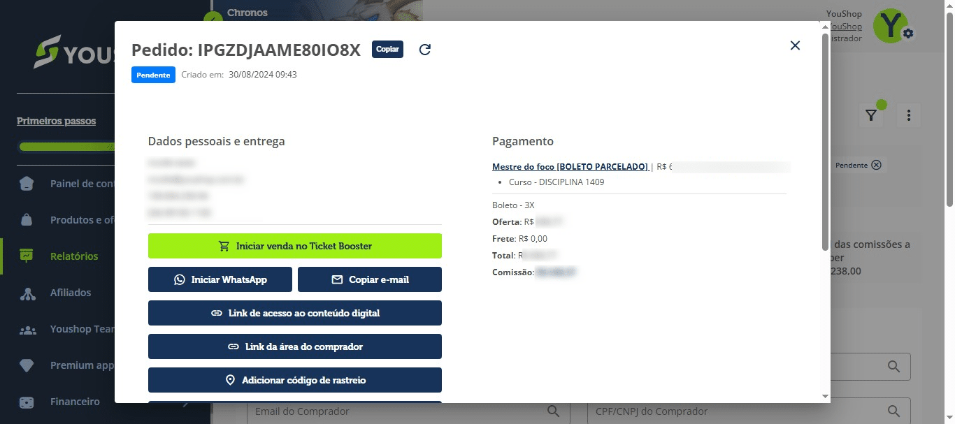 Essa tela mostra informações como dados pessoais, oferta e valores.