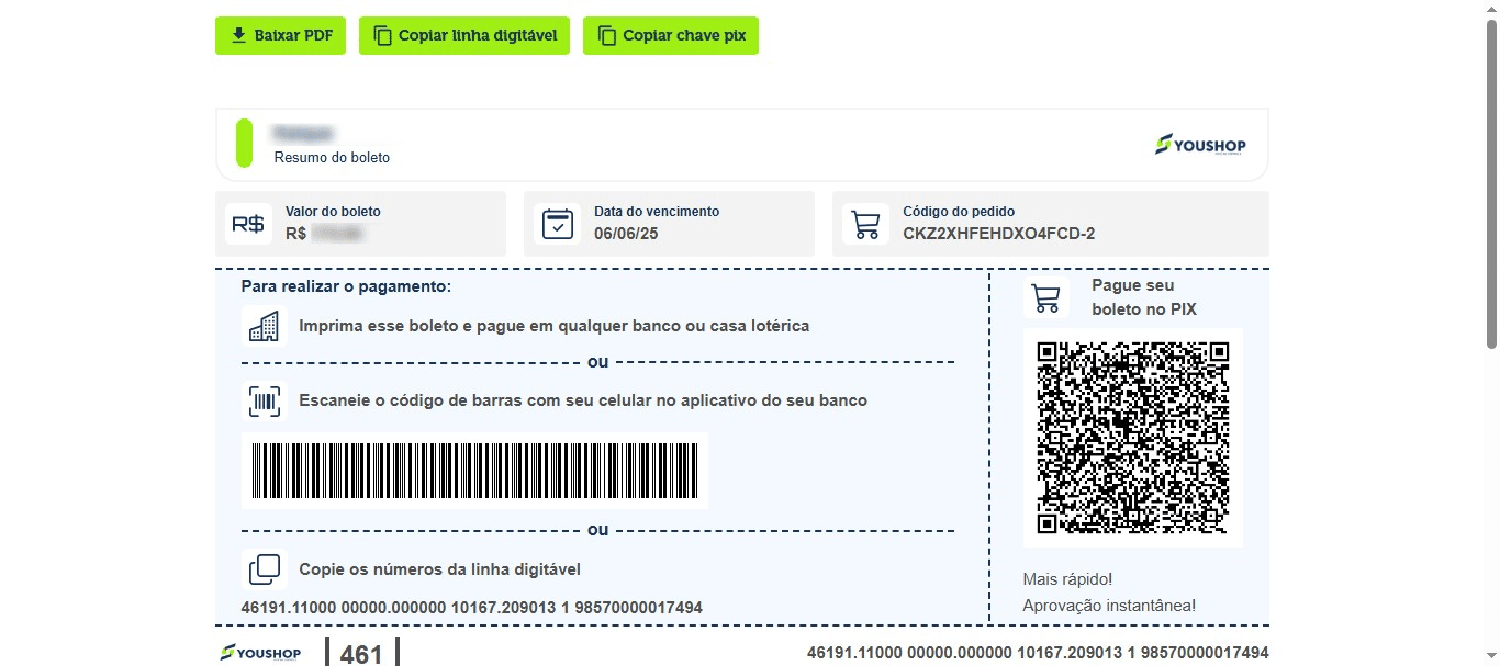 Aqui você visualiza o valor, data de vencimento e formas de pagamento.