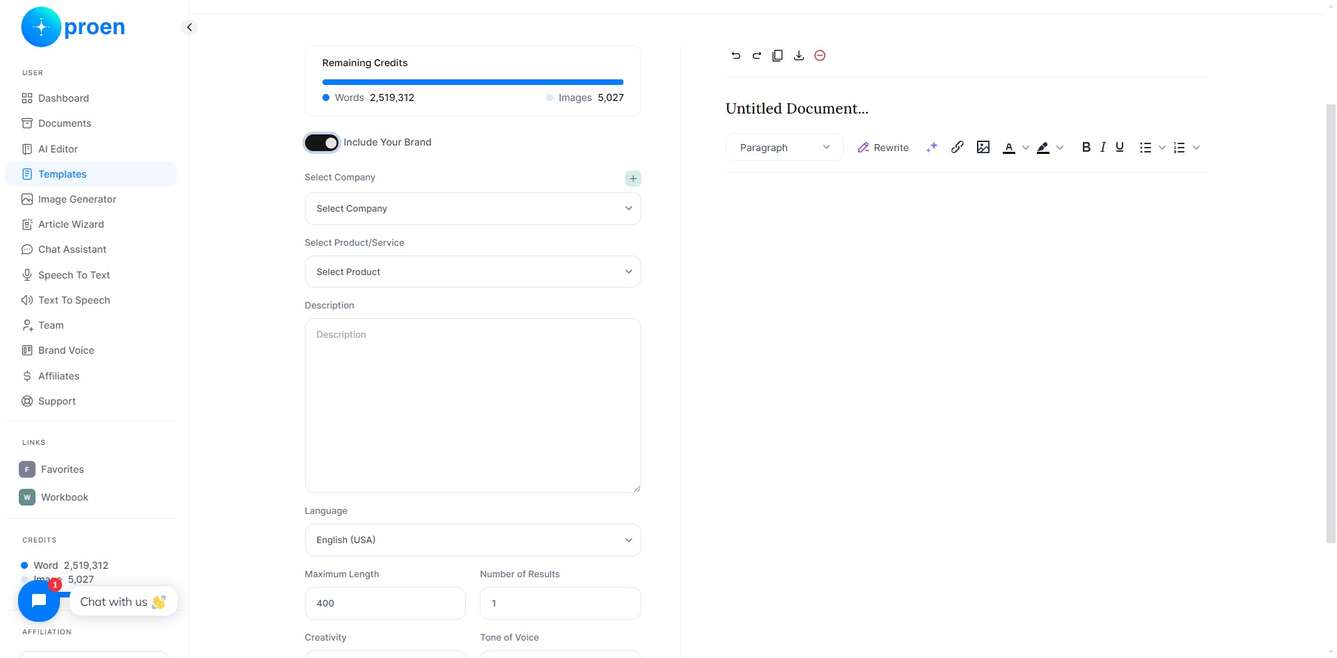 **Include Your Brand**: you can toggle this on if you wish to use on of your brand voices to curate the content that Proen AIwill generate based on of your brand's products/services