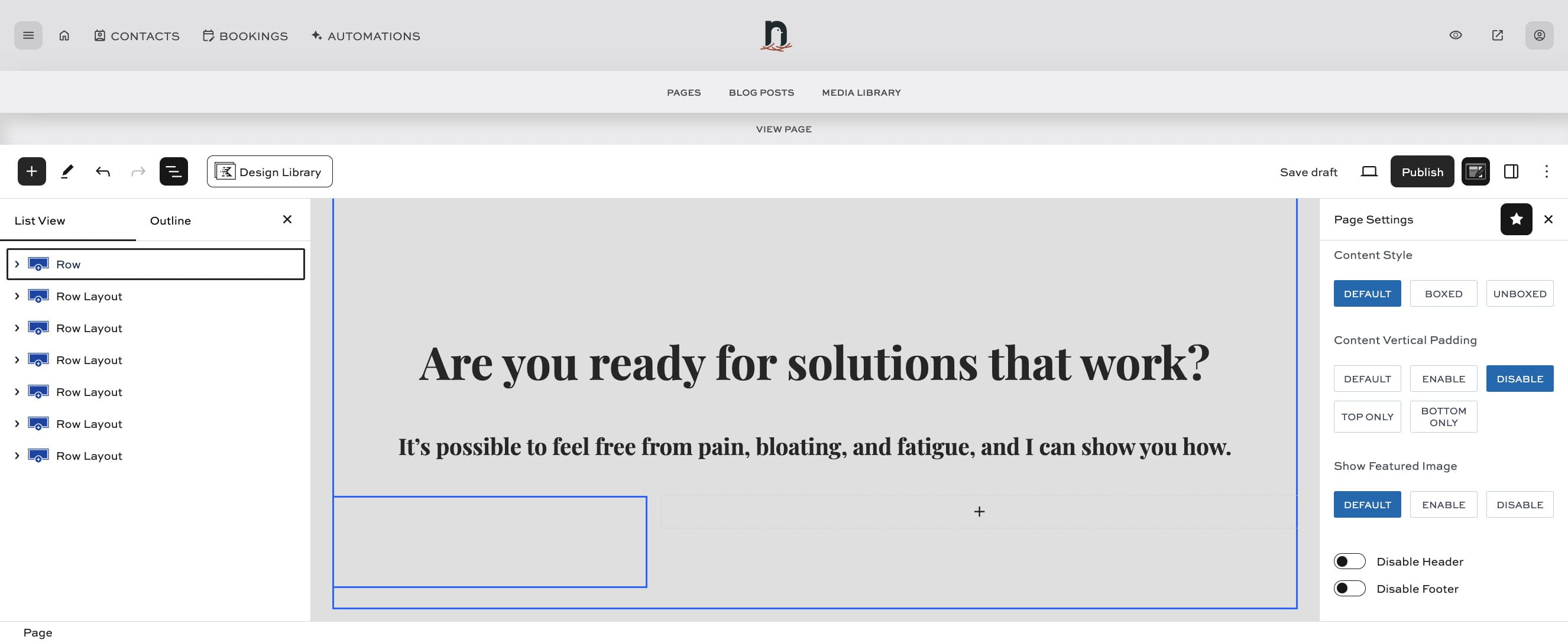 Clicking the 'Document Overview' icon allows you to see the sections of the page in a list view.