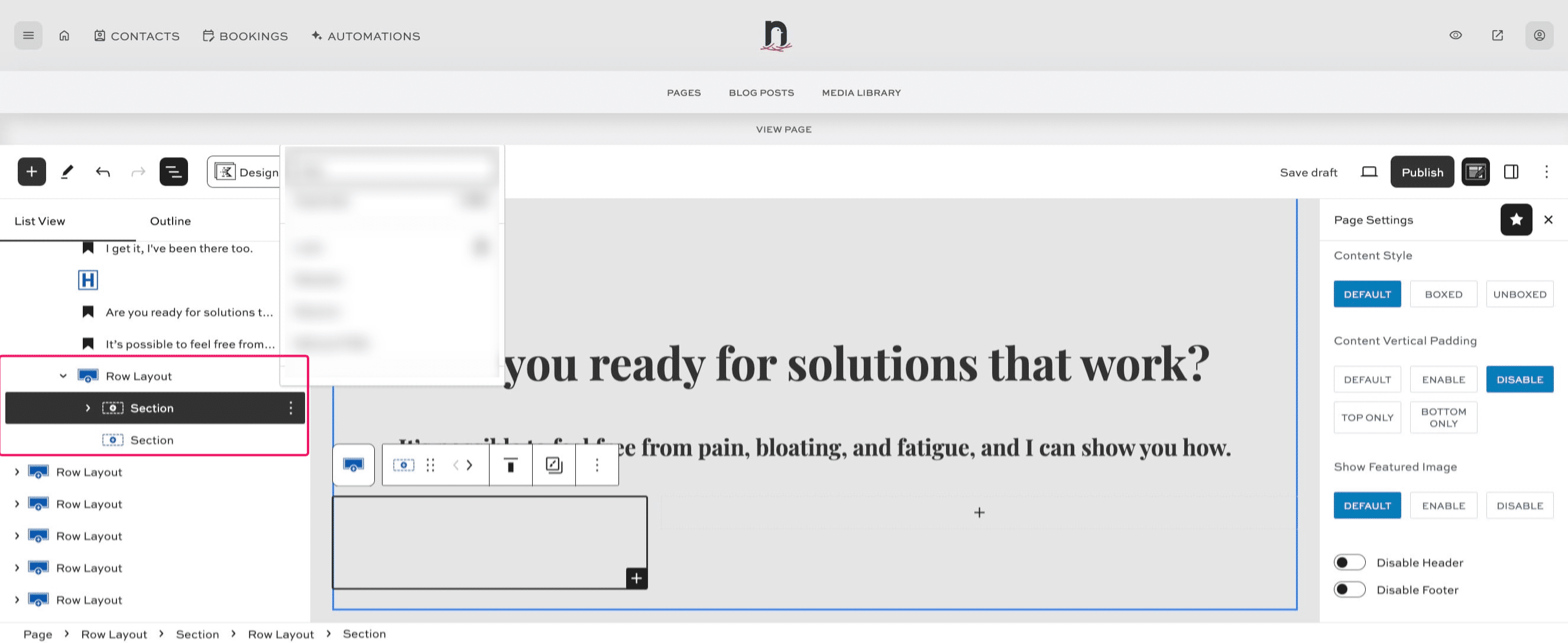 Select the section in the page, and you'll be able to see which Section / Row it is in the List View.