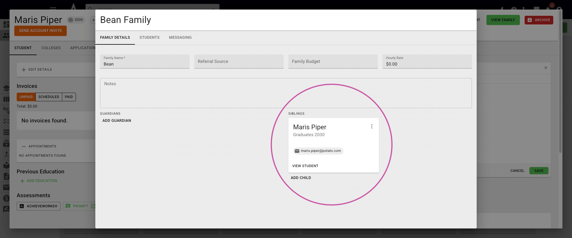 You can now click on **View Student,** search the sibling's name in the **search bar**, or find them in the applicable **Student Pipeline** column to view their profile. 