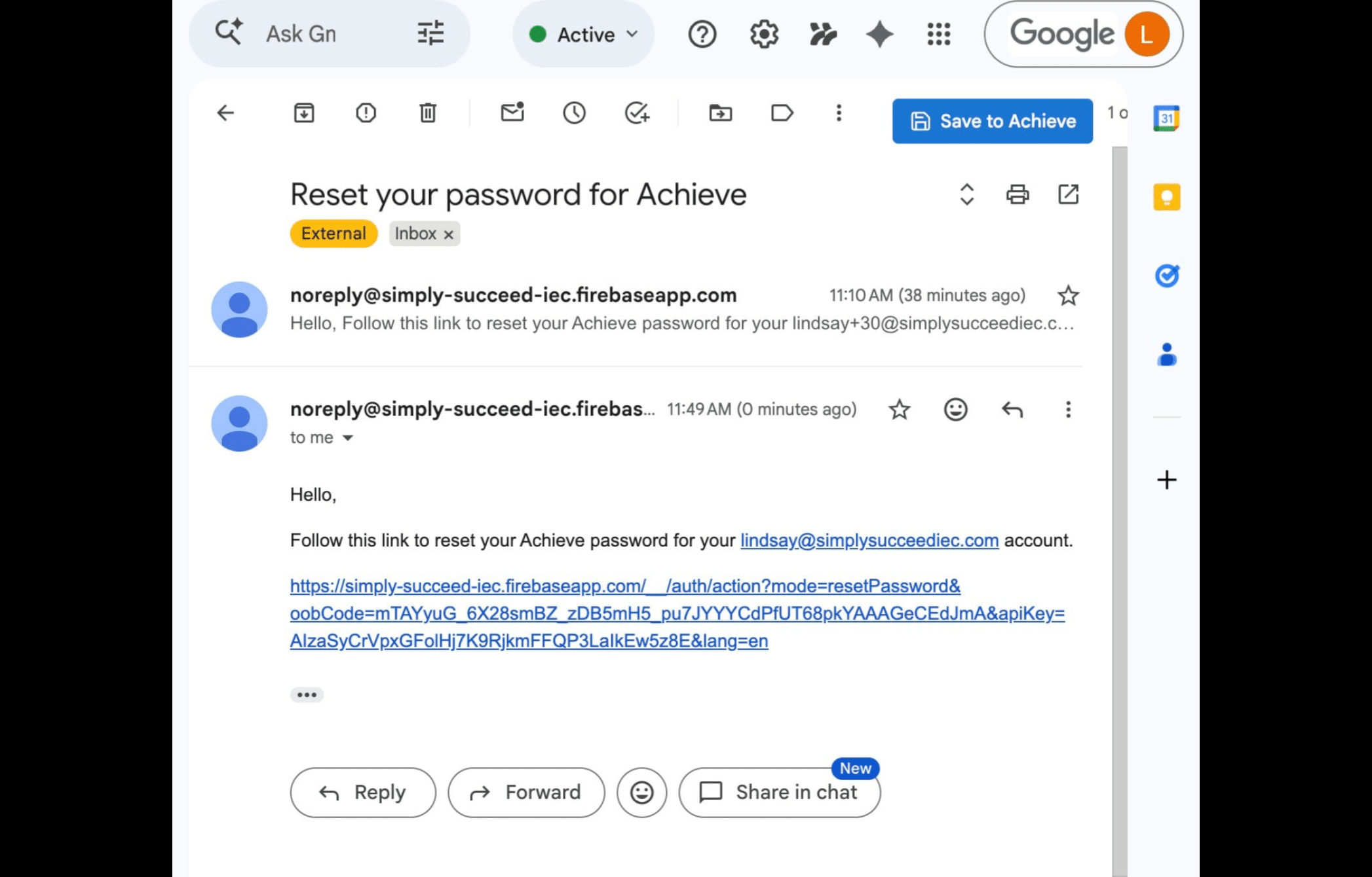 You'll then receive an email titled **Reset your password for Achieve.** Click on the link in that email. 