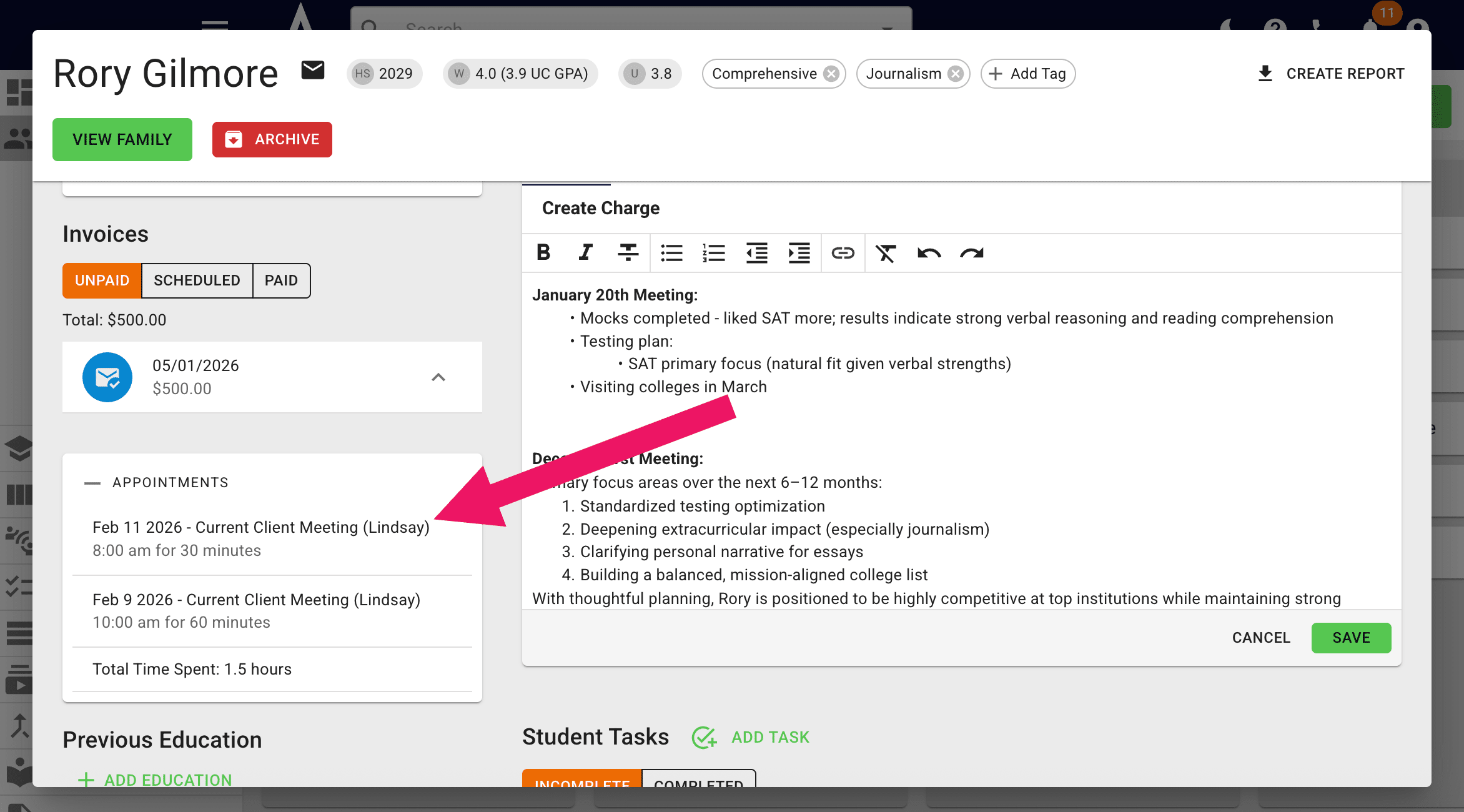 Once the integration is complete, you & your student will automatically begin seeing all appointments made via Calendly in the **Appointments** section of Achieve.