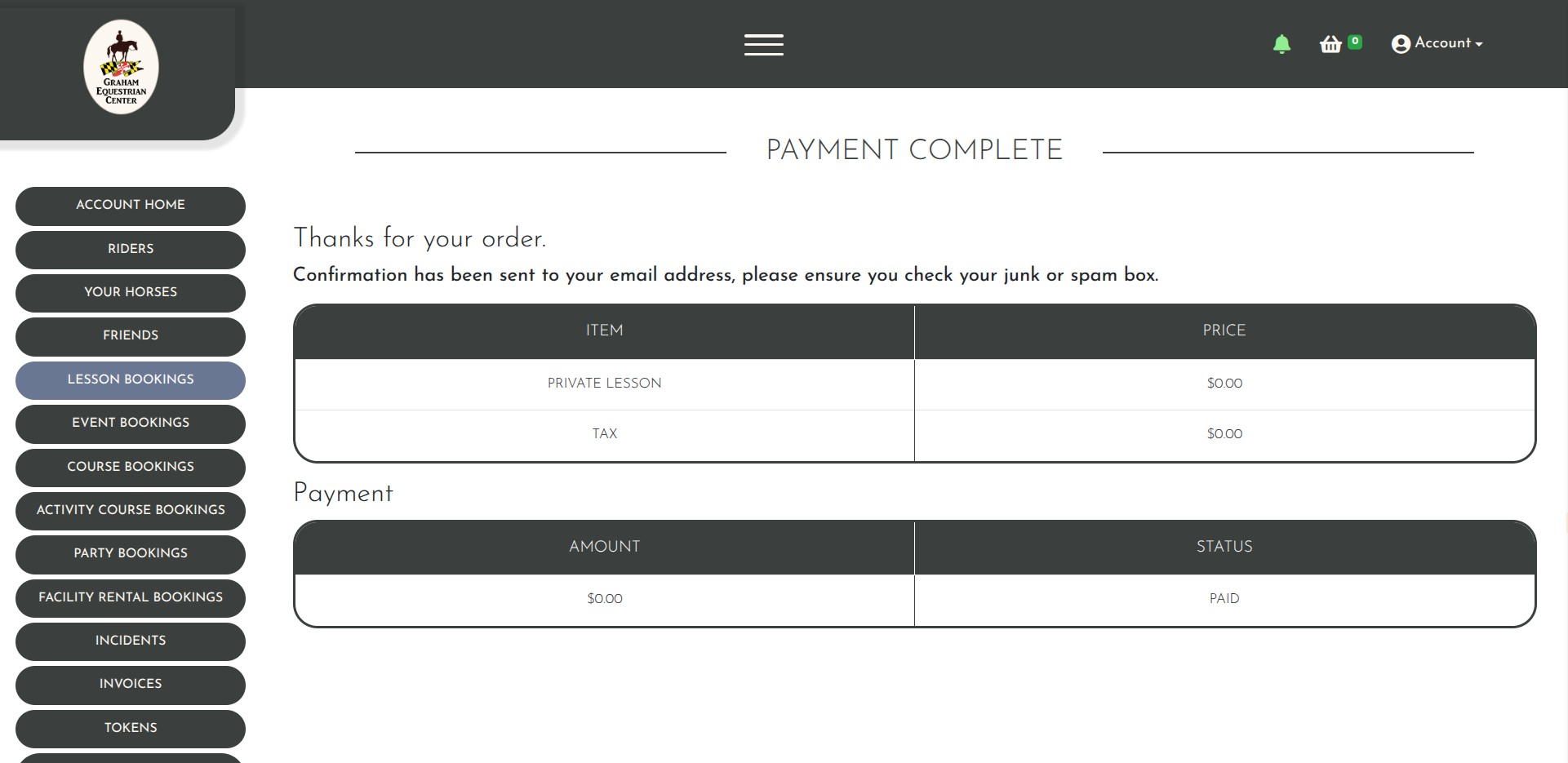 If you want to verify your booking, you can click on Lesson Bookings any time to see what you have scheduled.