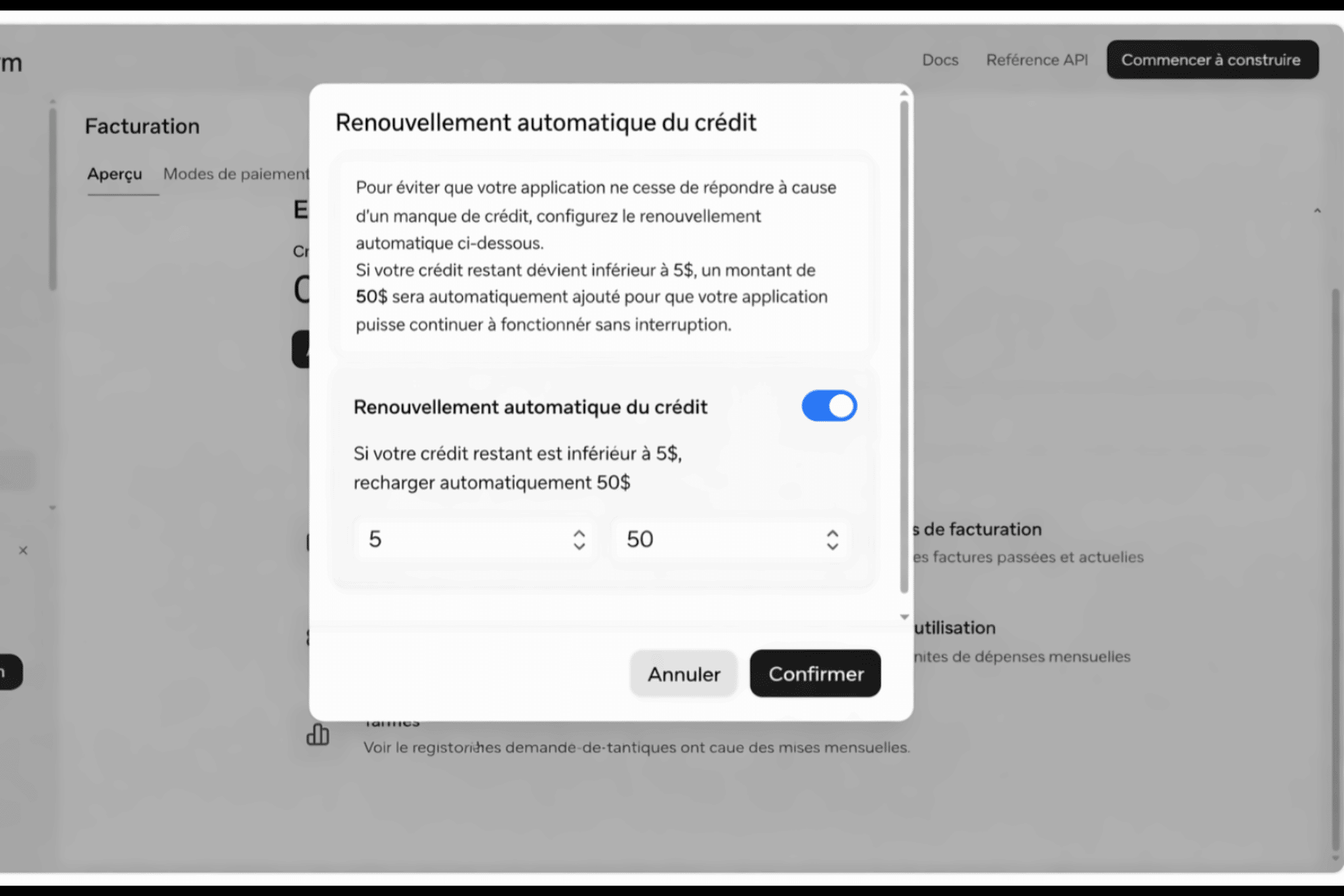 
Pourquoi activer le renouvellement automatique du crédit ?
&nbsp;
L’API OpenAI fonctionne avec un système de crédits.
Si le solde tombe à 0 $, toutes les requêtes API sont bloquées et l’application peut immédiatement cesser de répondre.
&nbsp;
Activer le renouvellement automatique permet d’éviter toute interruption de service en rechargeant automatiquement le compte lorsque le solde devient trop faible.
&nbsp;
C’est pour cela que nous devons activer le réajustement automatique lorsque le crédit passe en dessous de 5 dollars, afin de garantir la continuité de l’application en production.
