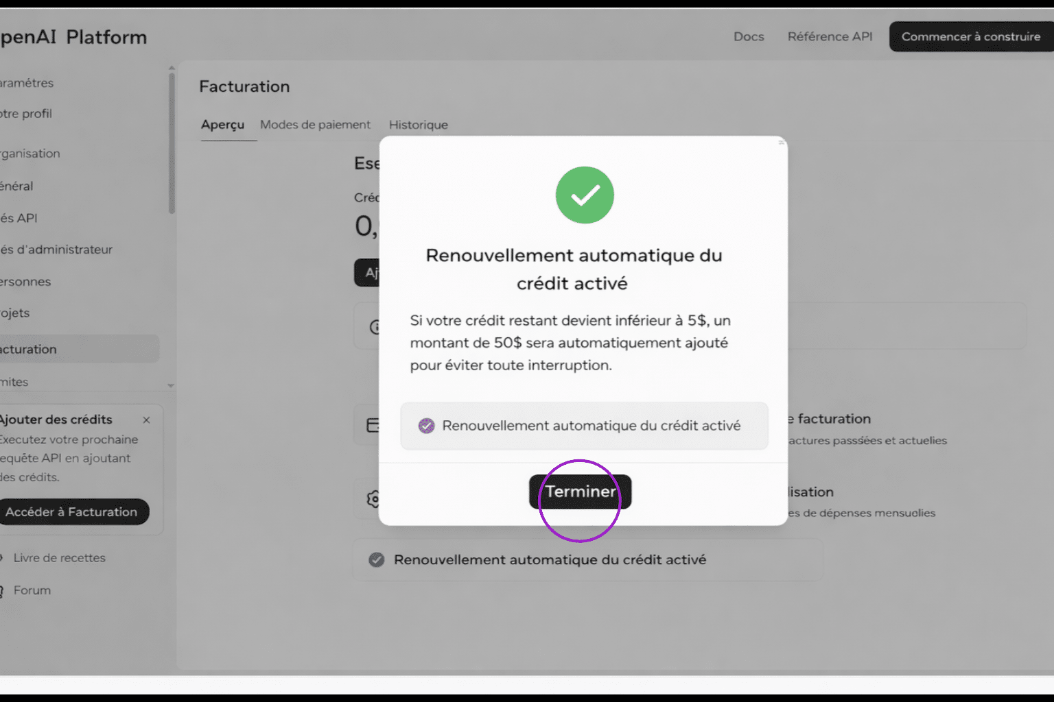 cliquez sur terminé 