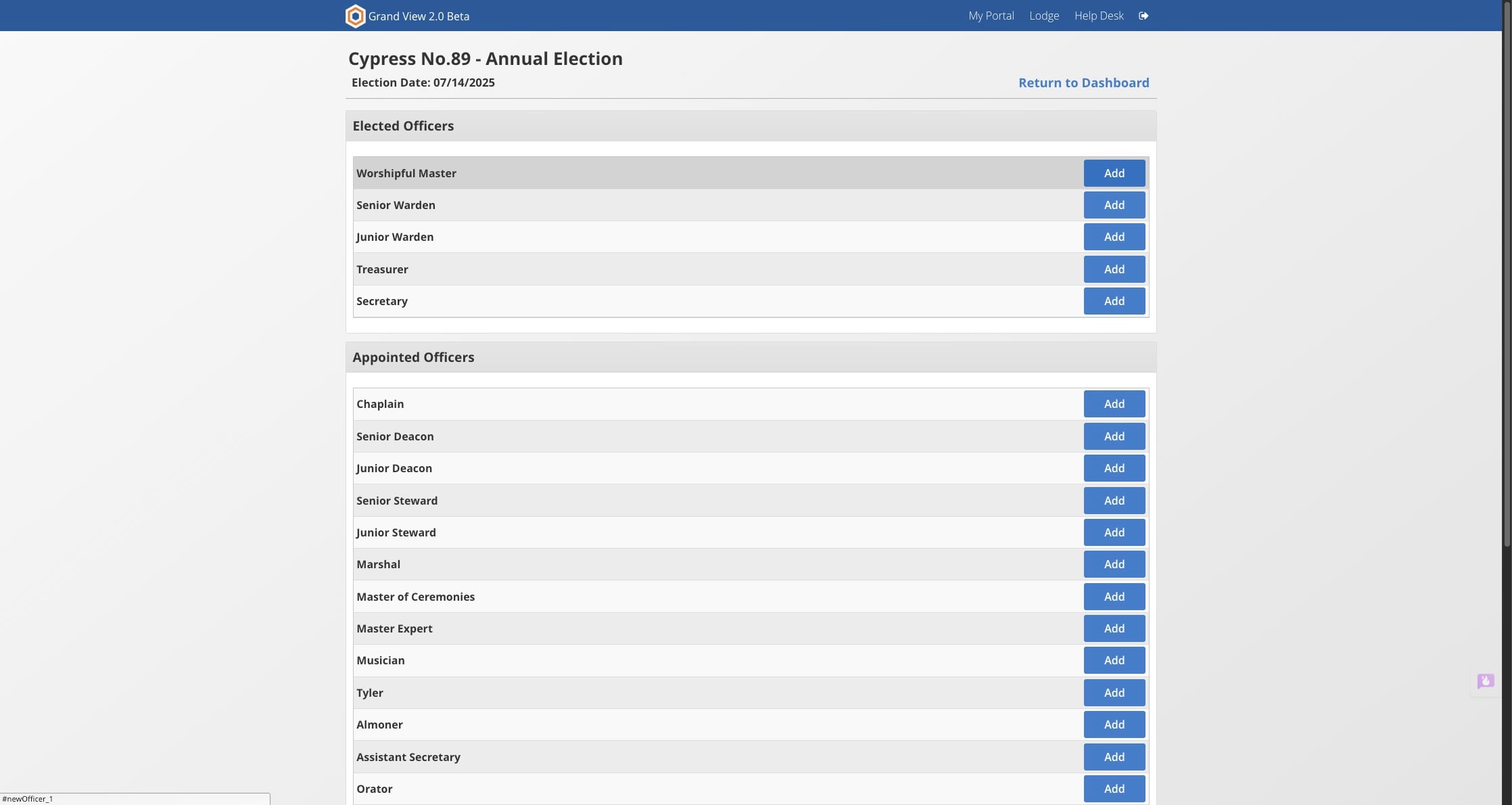 After the election is created you will be taken to a screen to add the officers. Click on "Add" next to the officer