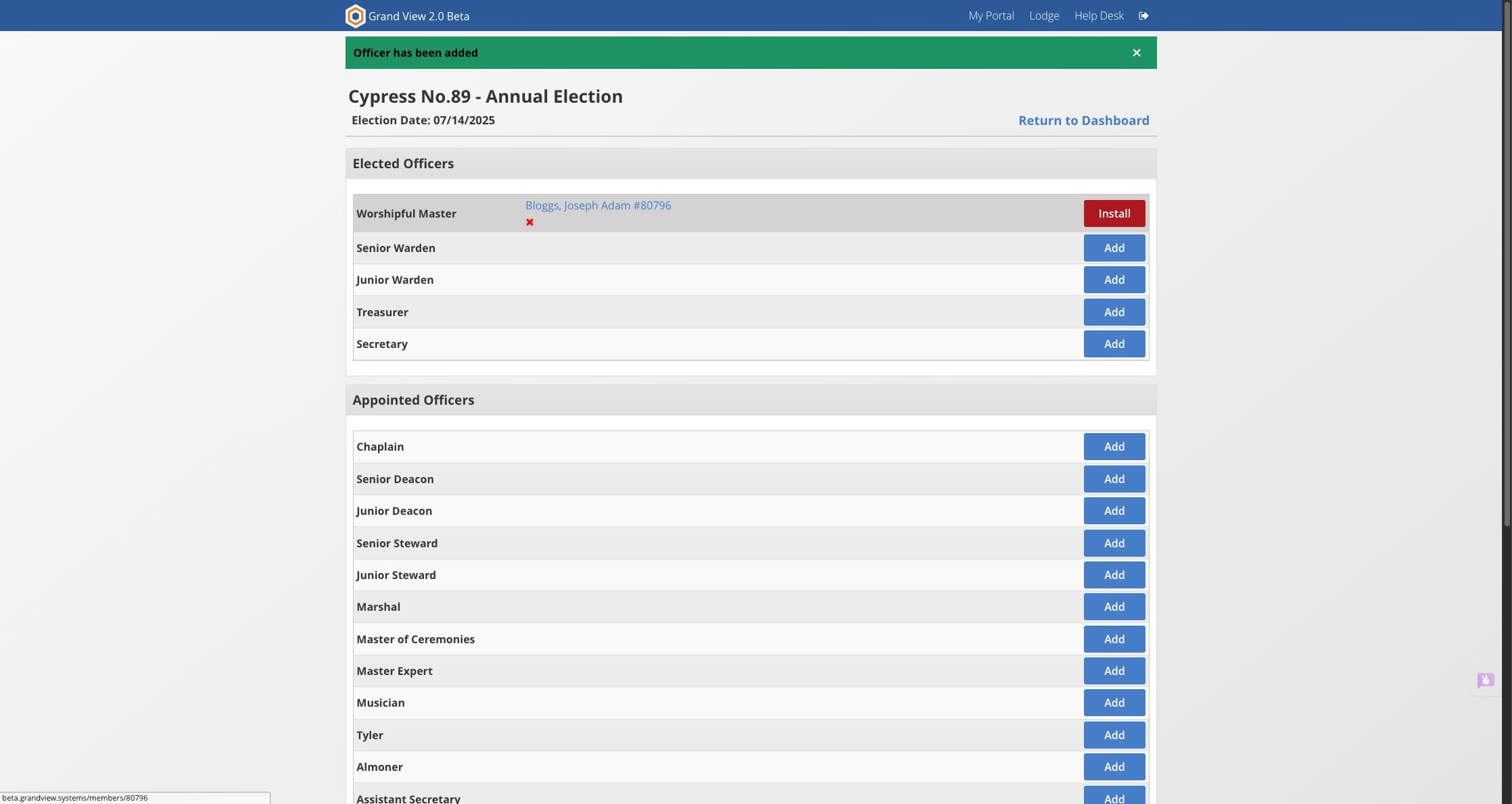 Once the officer has been added they will need to be Installed in order to receive permissions and to have the office added to their record. Click on "Install"