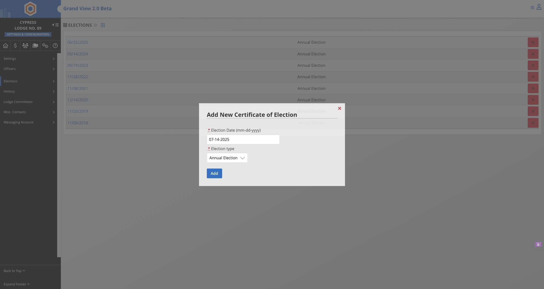 Enter the election information. Note: you can select Annual Election or Special Election. Once complete click Add