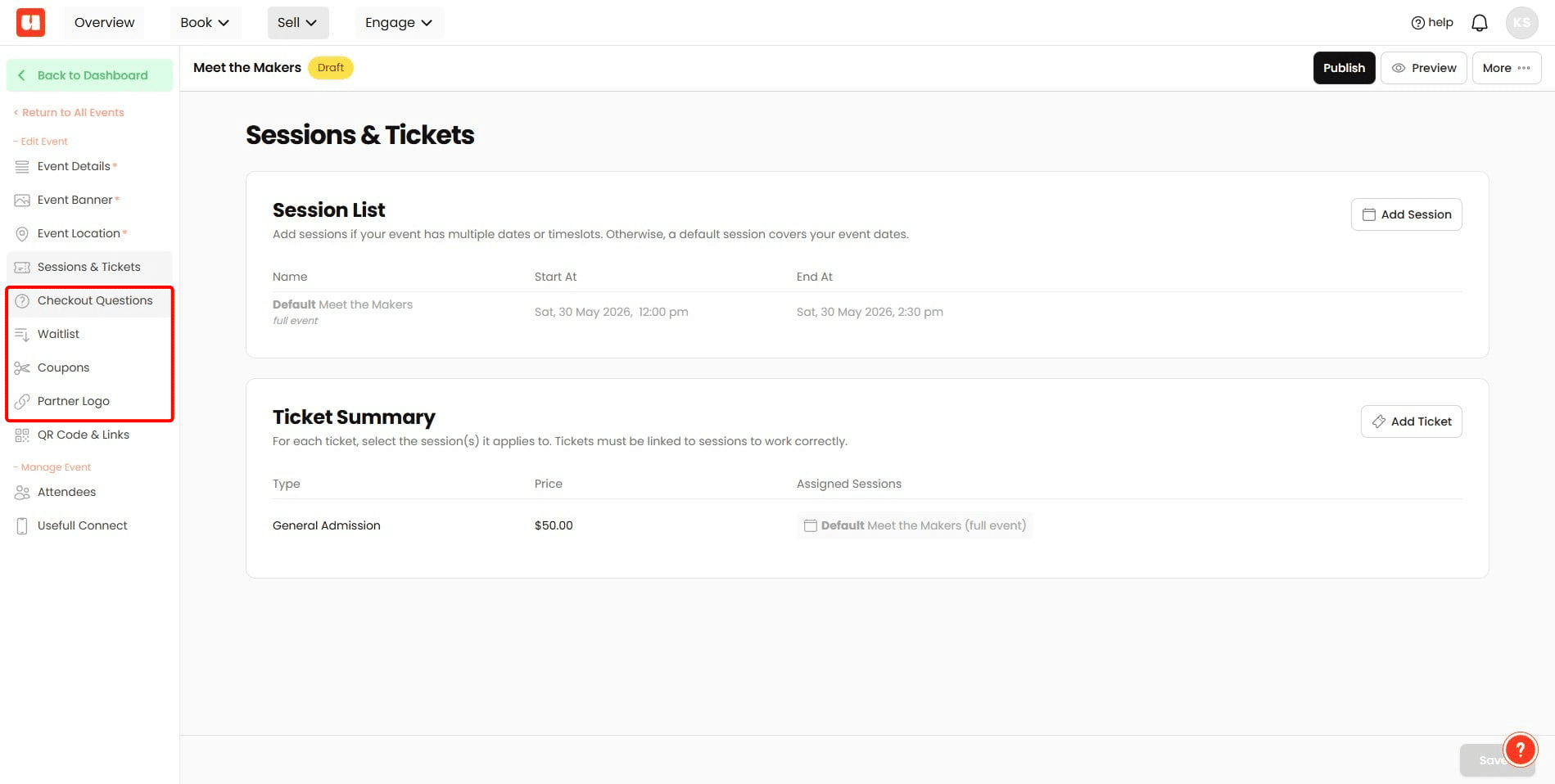 **Advanced Features:**\
You can also add checkout questions, activate a waitlist, set up discounts and automatic coupons, and add custom branding to your event through these menu options. Please note, these sections are optional.