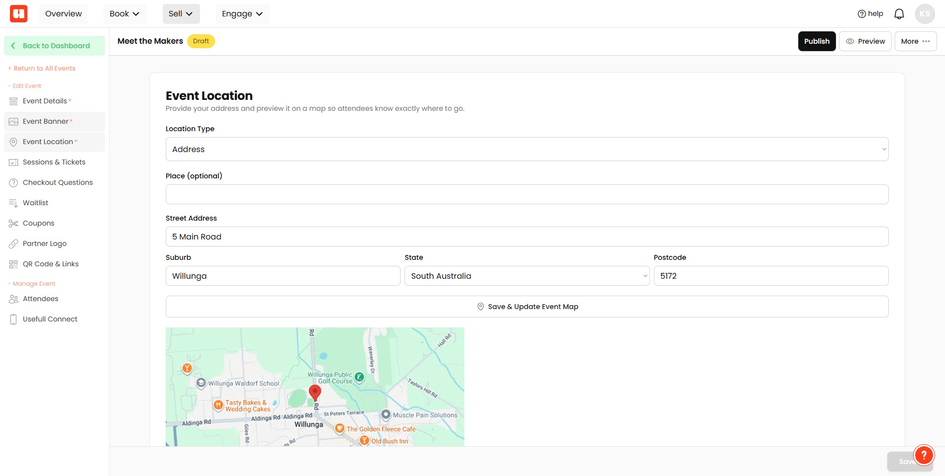 Add event location details. This can be an address with a map, or custom text. 
