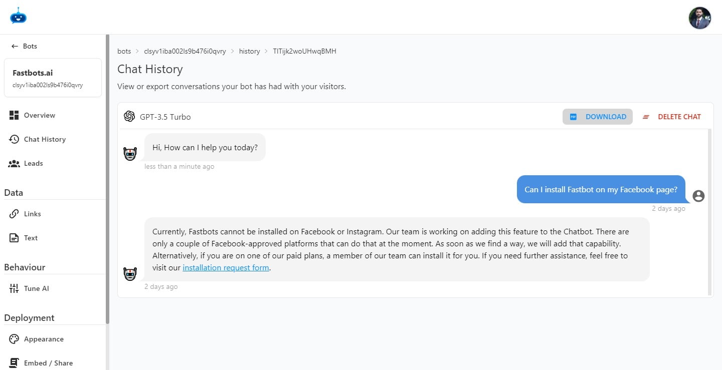 Once the chat is opened, you can just click on the "Download" button to export the chat in PDF format.
