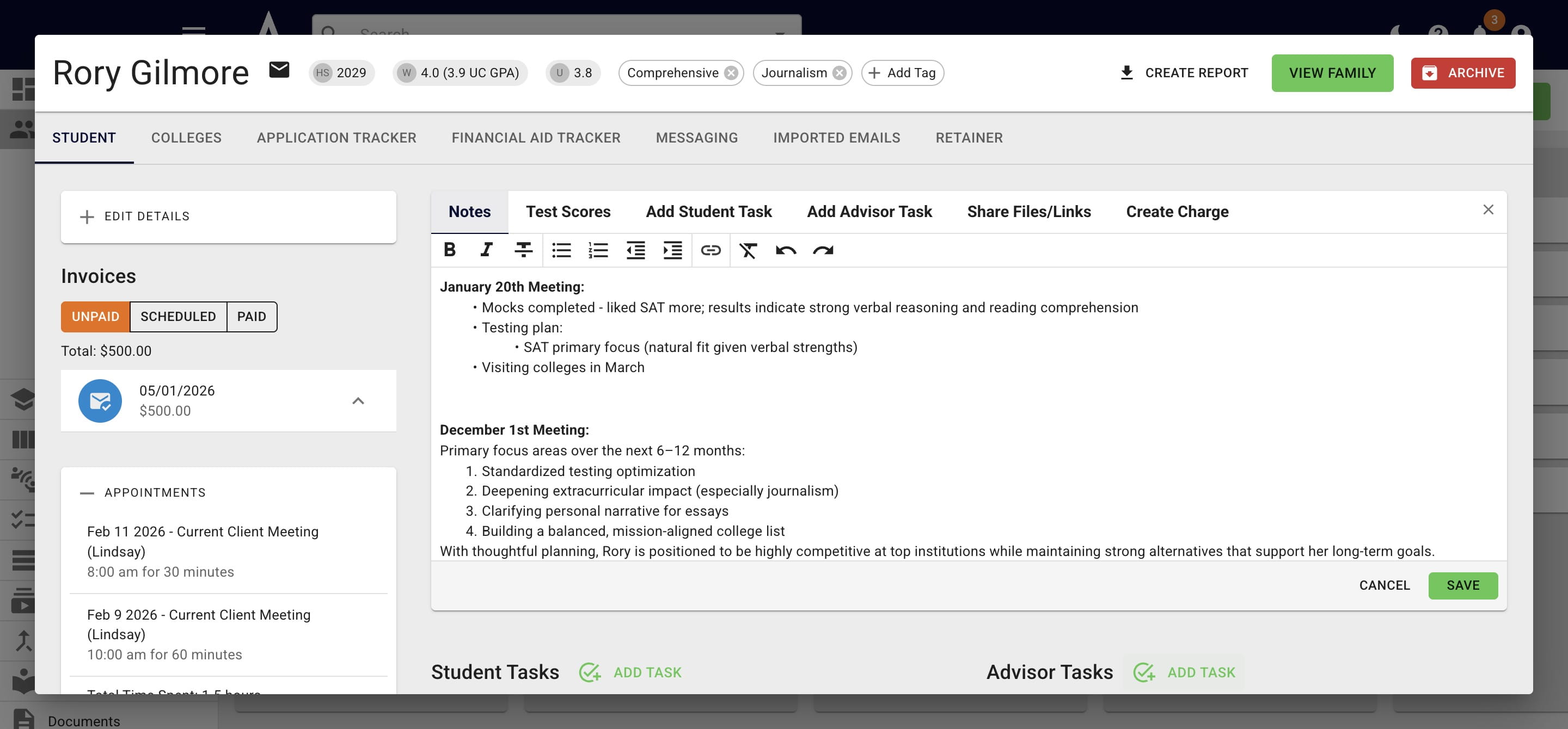 Alternatively, some users like to add an **Advisor Task** with the notes from each individual meeting. 
