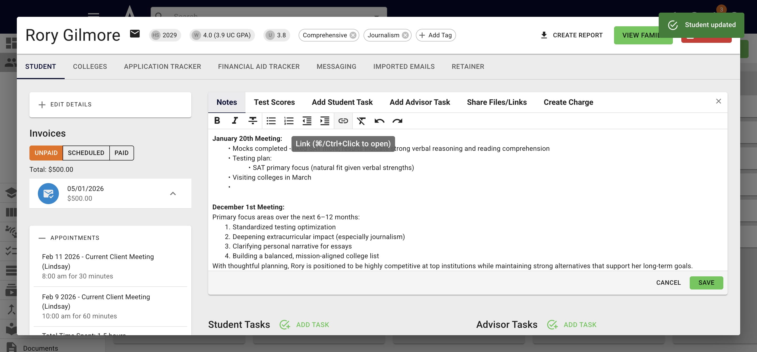 You can also add hyperlinks to your notes by pressing the **link** icon. 
