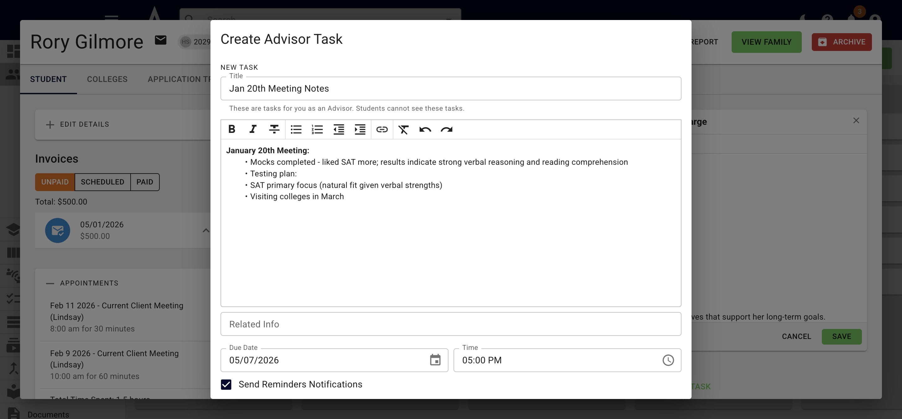 You can uncheck the **Send Reminders Notifications** box if these notes are just for your reference. 