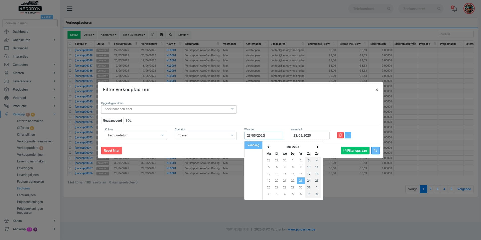 Om facturen van een bepaalde periode te selecteren kan je de zoekfilter gebruiken en een periode opgeven.
in dit voorbeeld dus alle verkoopfacturen van 01/10/2024 tem 30/04/2025: