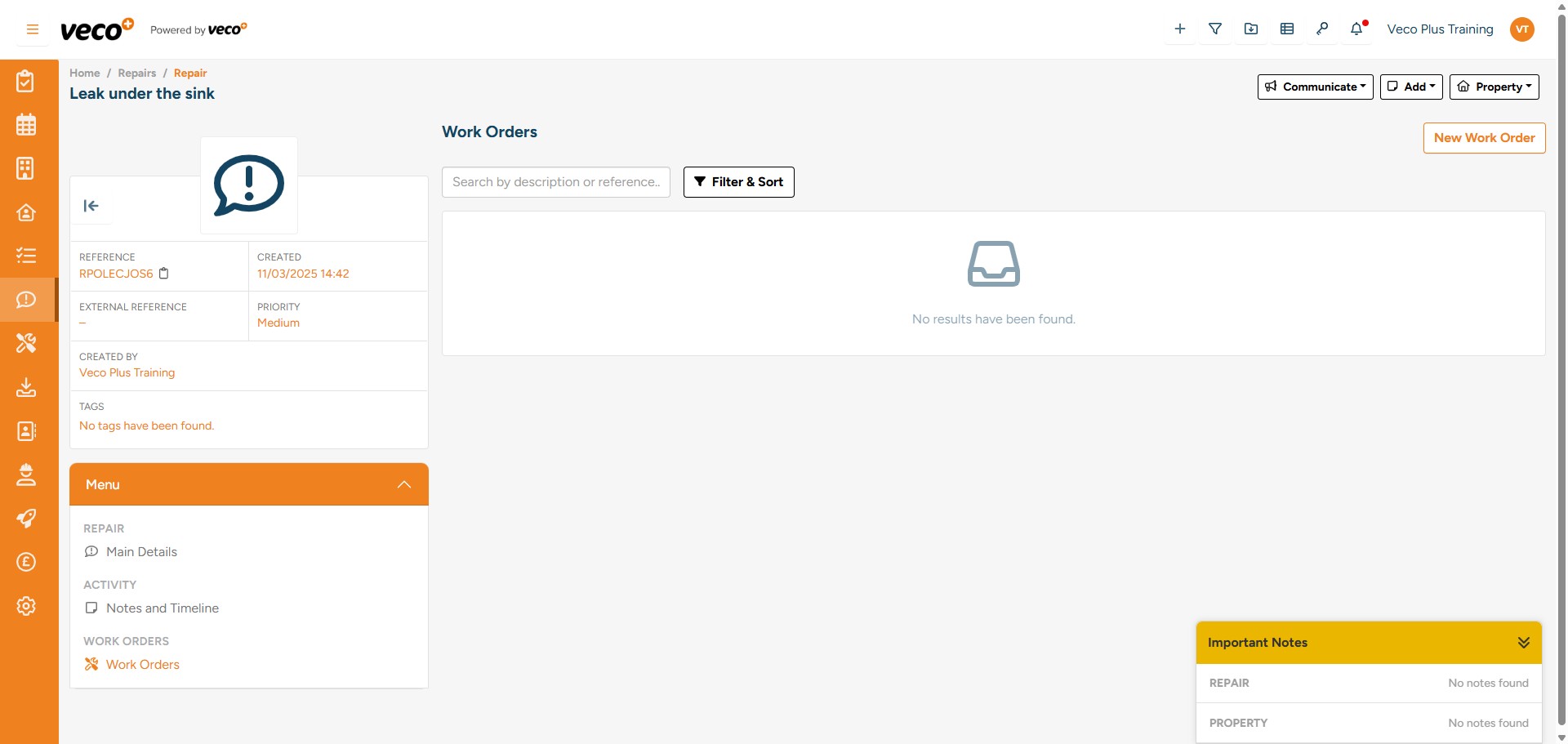 On the left side menu, select ‘Work Orders’, then select ‘ New Work Order’ on the right side. You can also view and monitor all Work Orders relating to this Repair from this area
