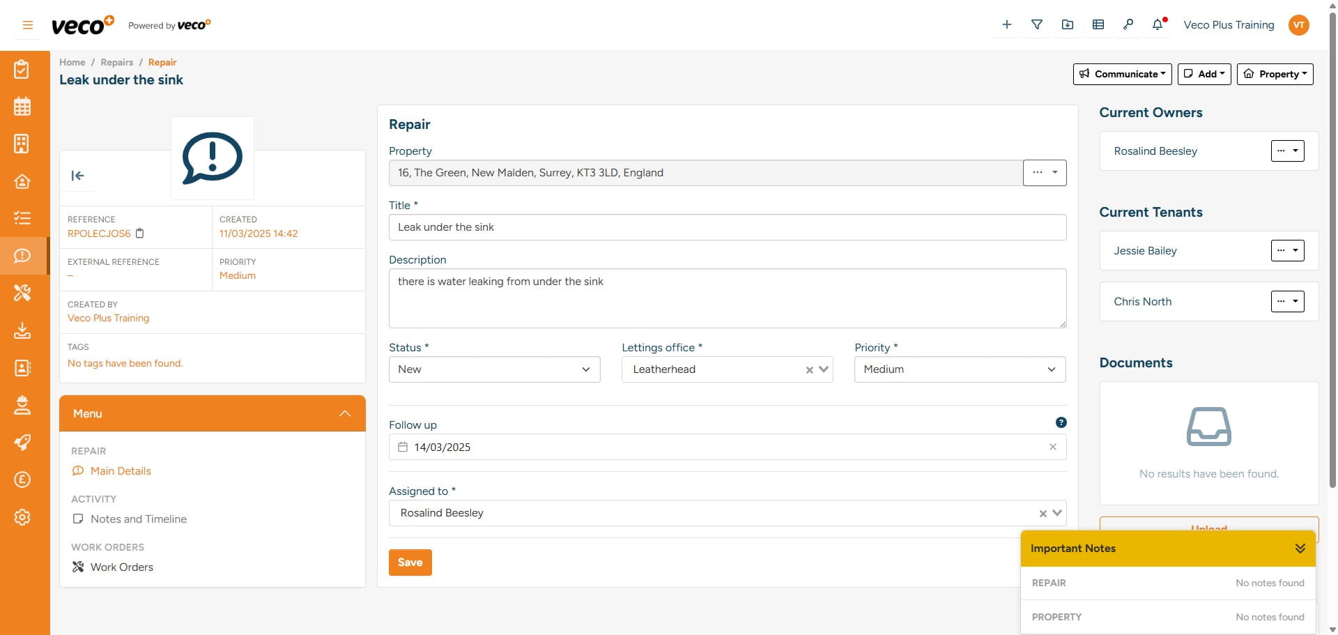 In the Repair, Work Orders can be raised for any work that needs to be carried out
