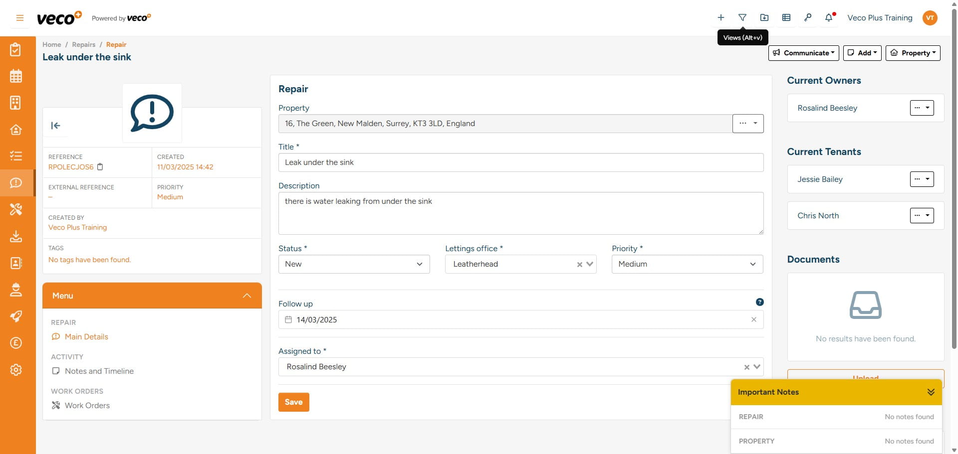 To open a Repairs ‘View’, select the filter icon in the upper right corner 
