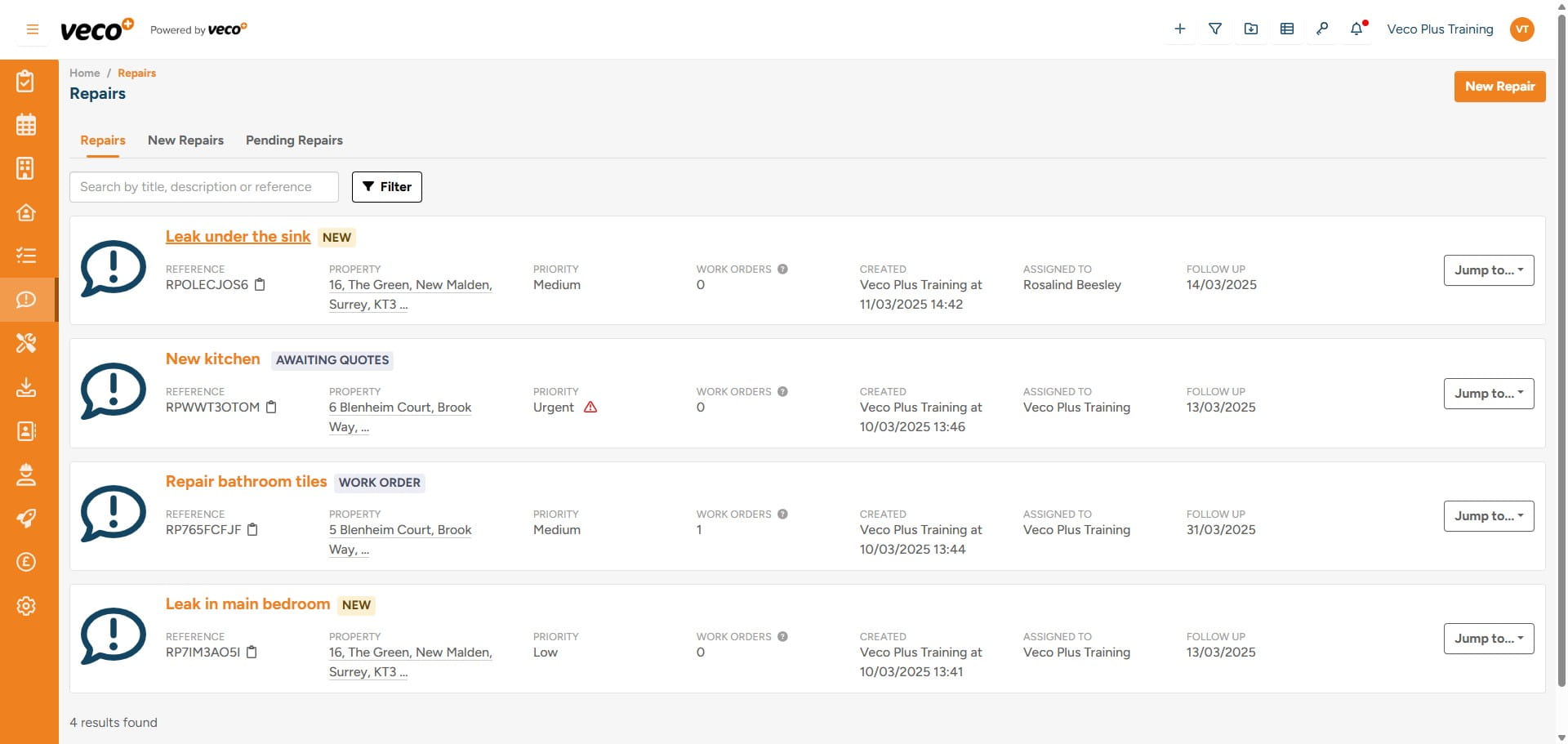 The Repairs can also be accessed using the navigation bar. This will display the current Repairs in a list which can be searched and filtered by Status, Priority, and which user it is assigned to 

