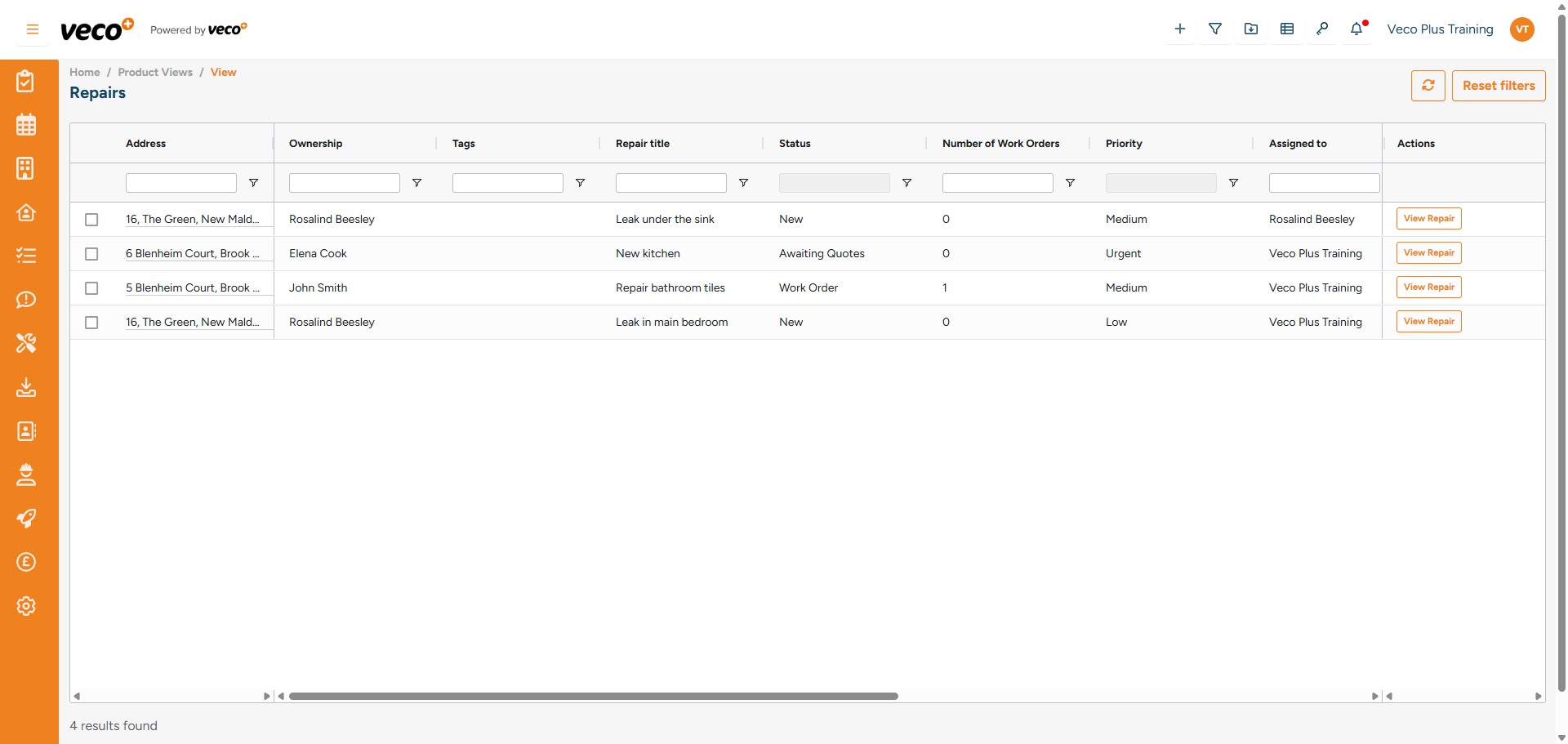 You can view and monitor all repairs from the ‘Repairs’ view. The view will also display the follow up date added to the Repair, and this column can be filtered by date. You can also open any Repair from this View from the 'Actions' column

