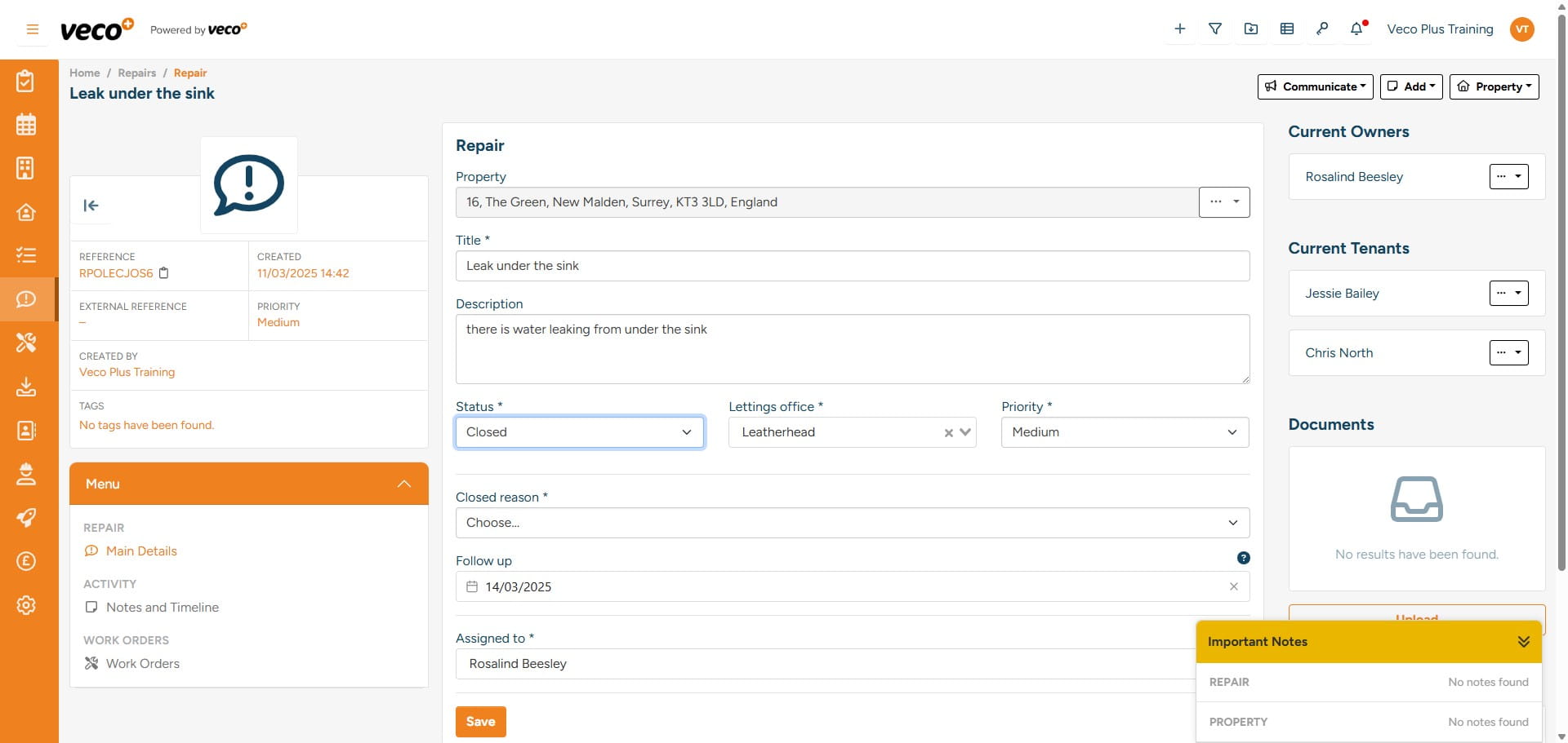 The Status of the Repair can be changed using the ‘Status’ drop down. Once the work has been completed, change the ‘Status’ to ‘Closed’. Once the Repair is Closed, it will remain visible, along with the history in the Property record
