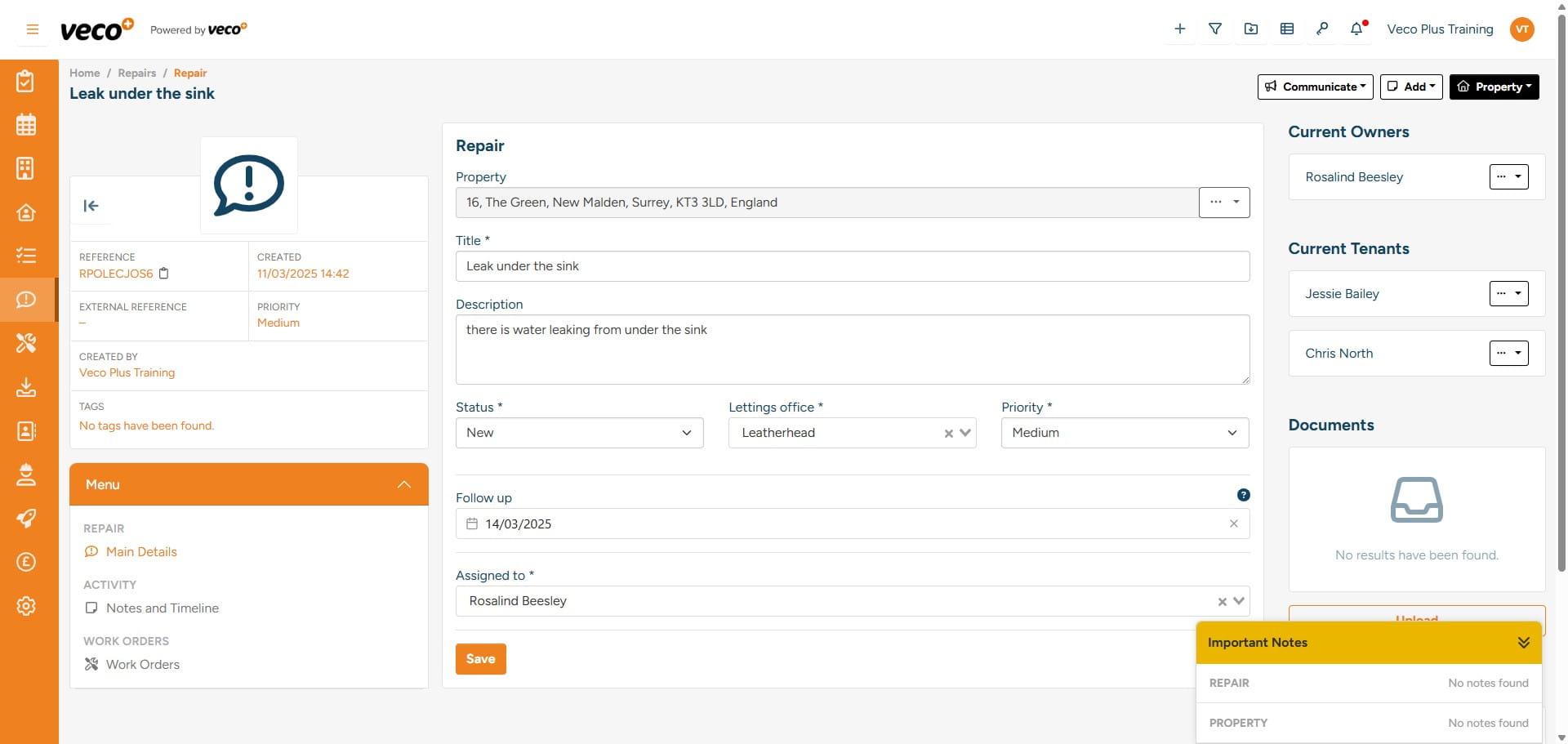 You can view the property relating to the Repair by clicking on ‘Property’ in the upper right corner and then 'View Property'
