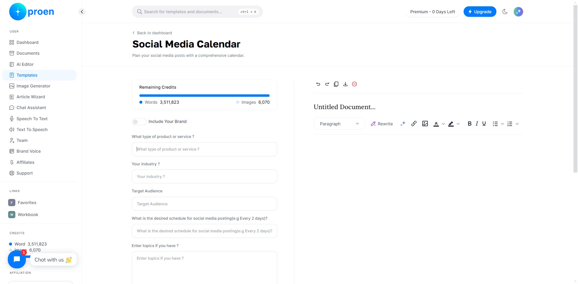 Enter the type of the product or service you wish to make a social media calendar for