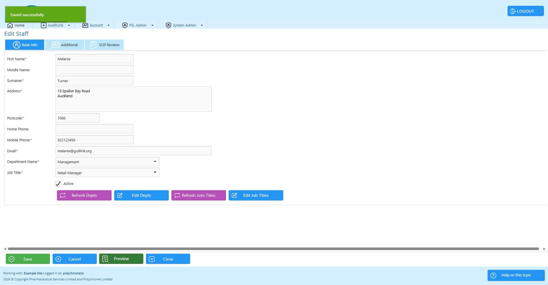 Click on "Preview" to see the staff details for this staff member.