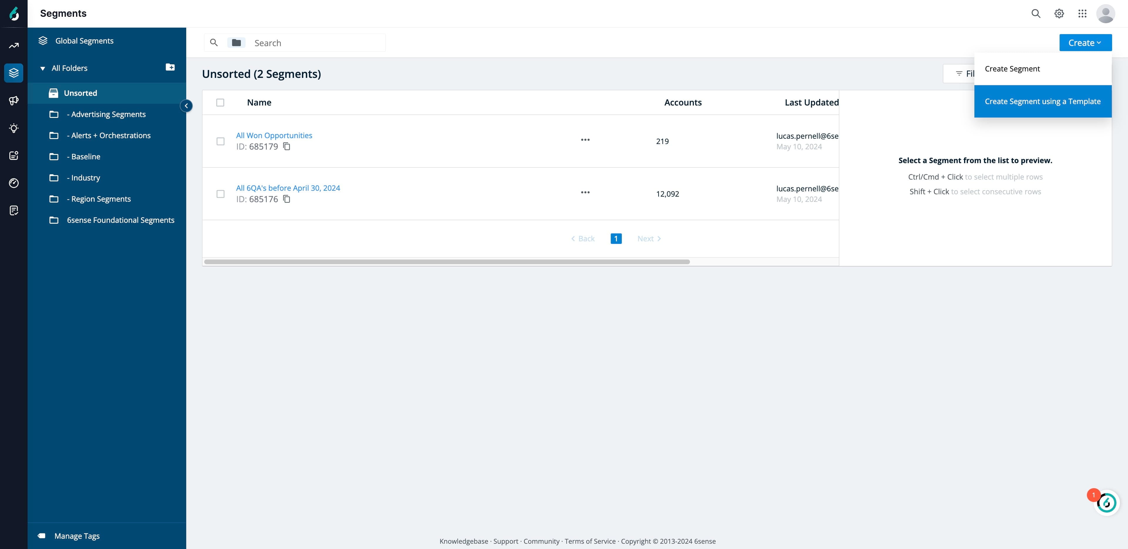 Click on "Create Segment using a Template"