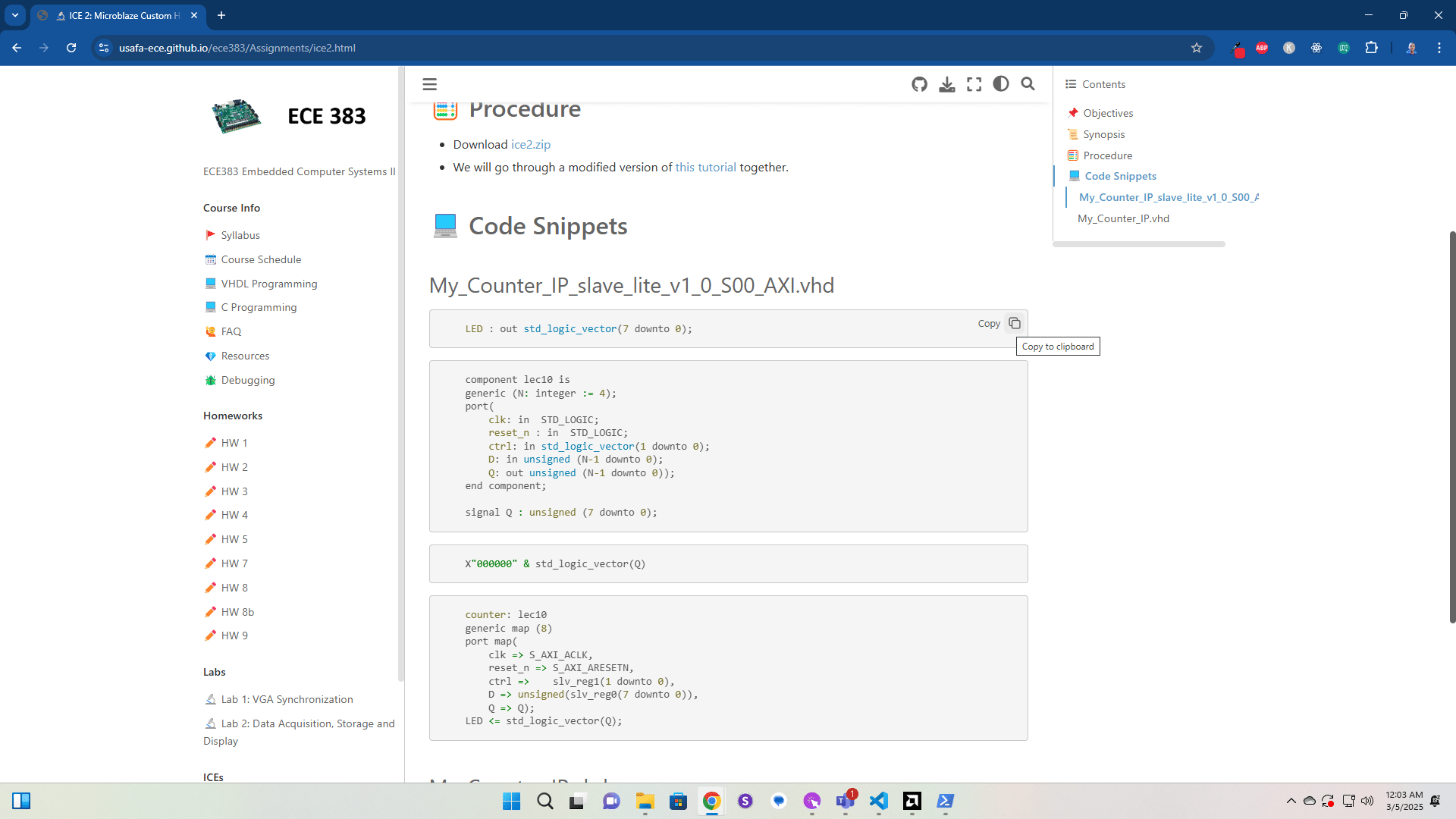 We will now copy & paste some code to add the LED and Counter to our Custom IP and tie them to the AXI bus.  The code snippets can be found on the course website.  We'll start by editing My_Counter_IP_slave_lite_v1_0_S00_AXI.vhd.