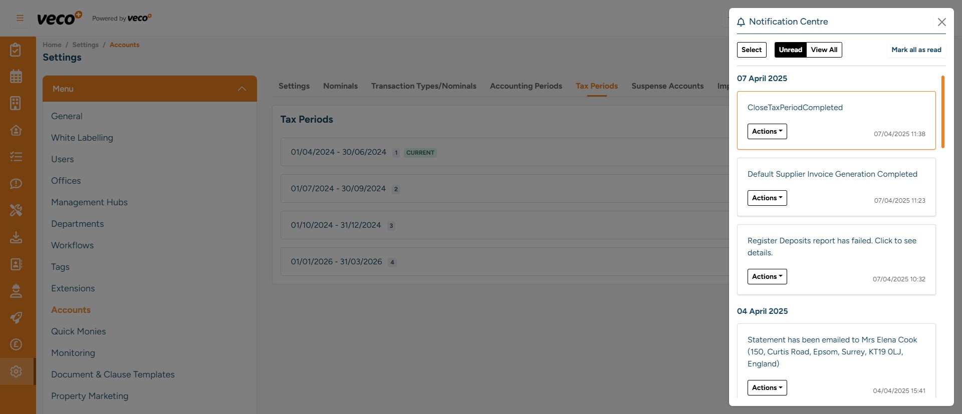 In the Notification Centre, select 'Actions' where you can either 'Mark Read' or 'Delete' the notification