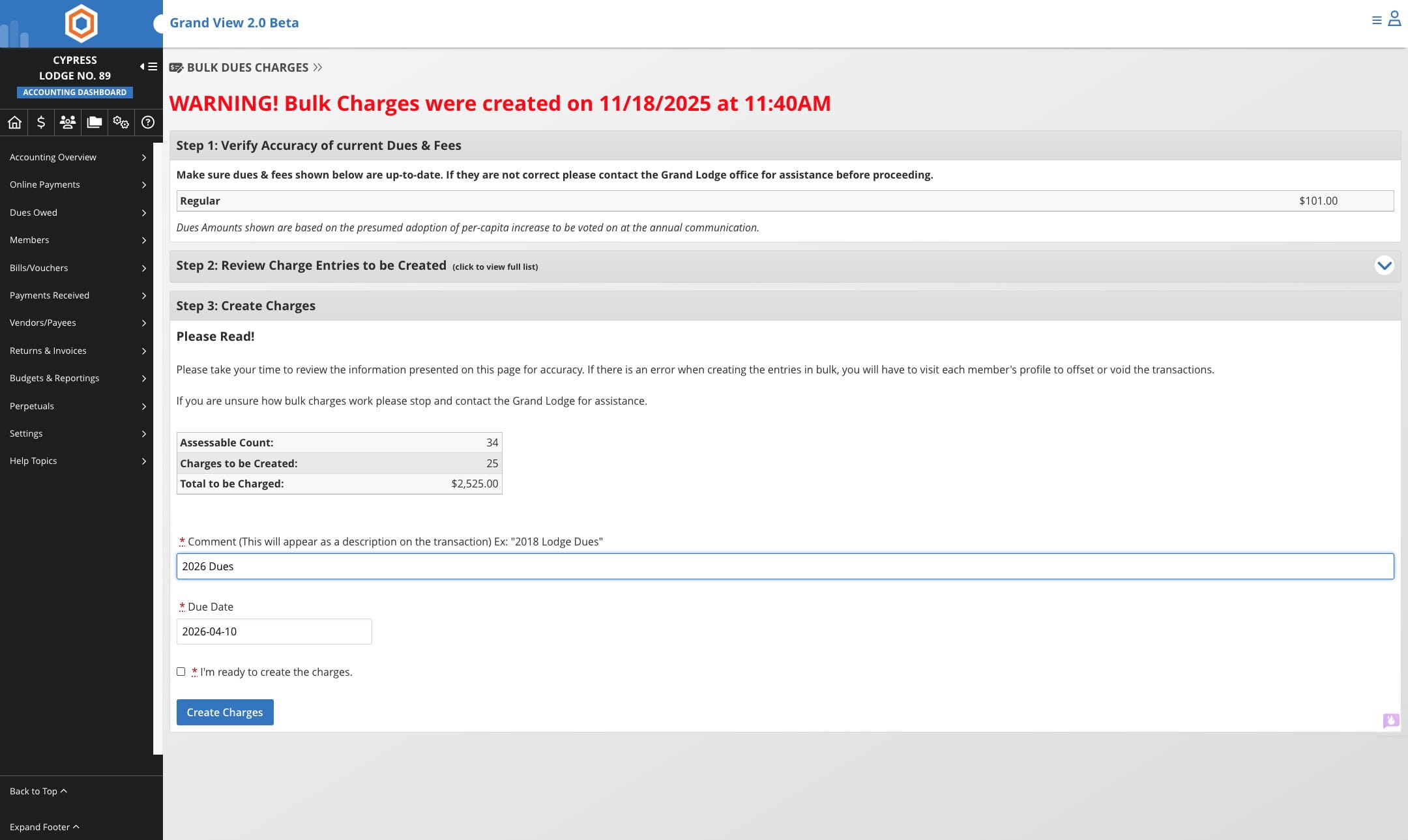 Once everything is verfied please check the box that you are ready to create charges.