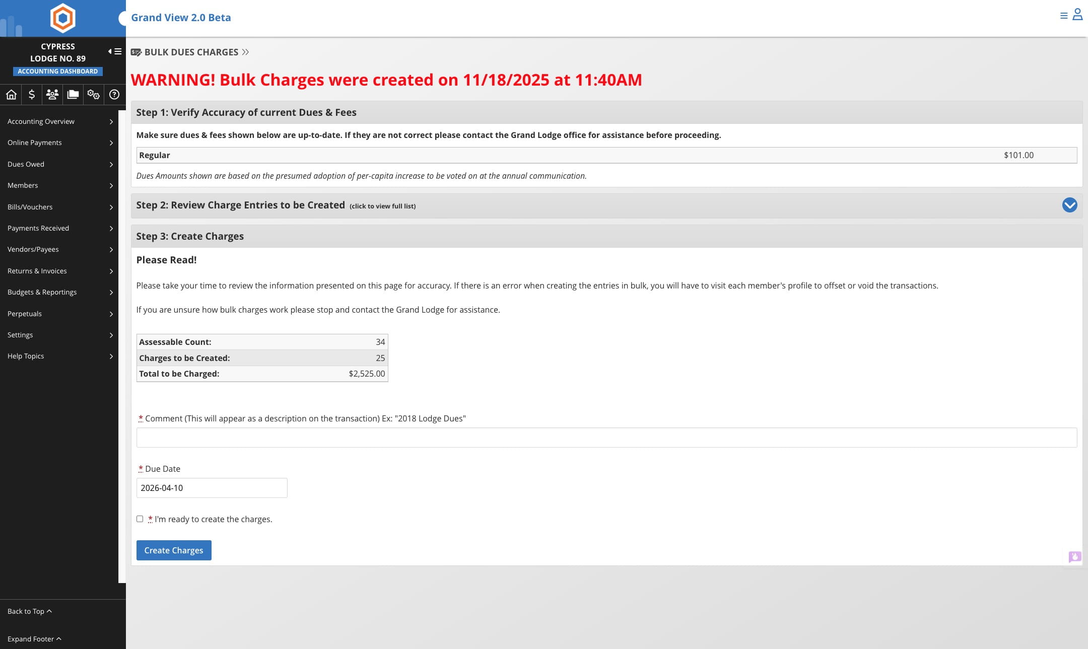 Click on "Step 2: Review Charge Entries to be Created"