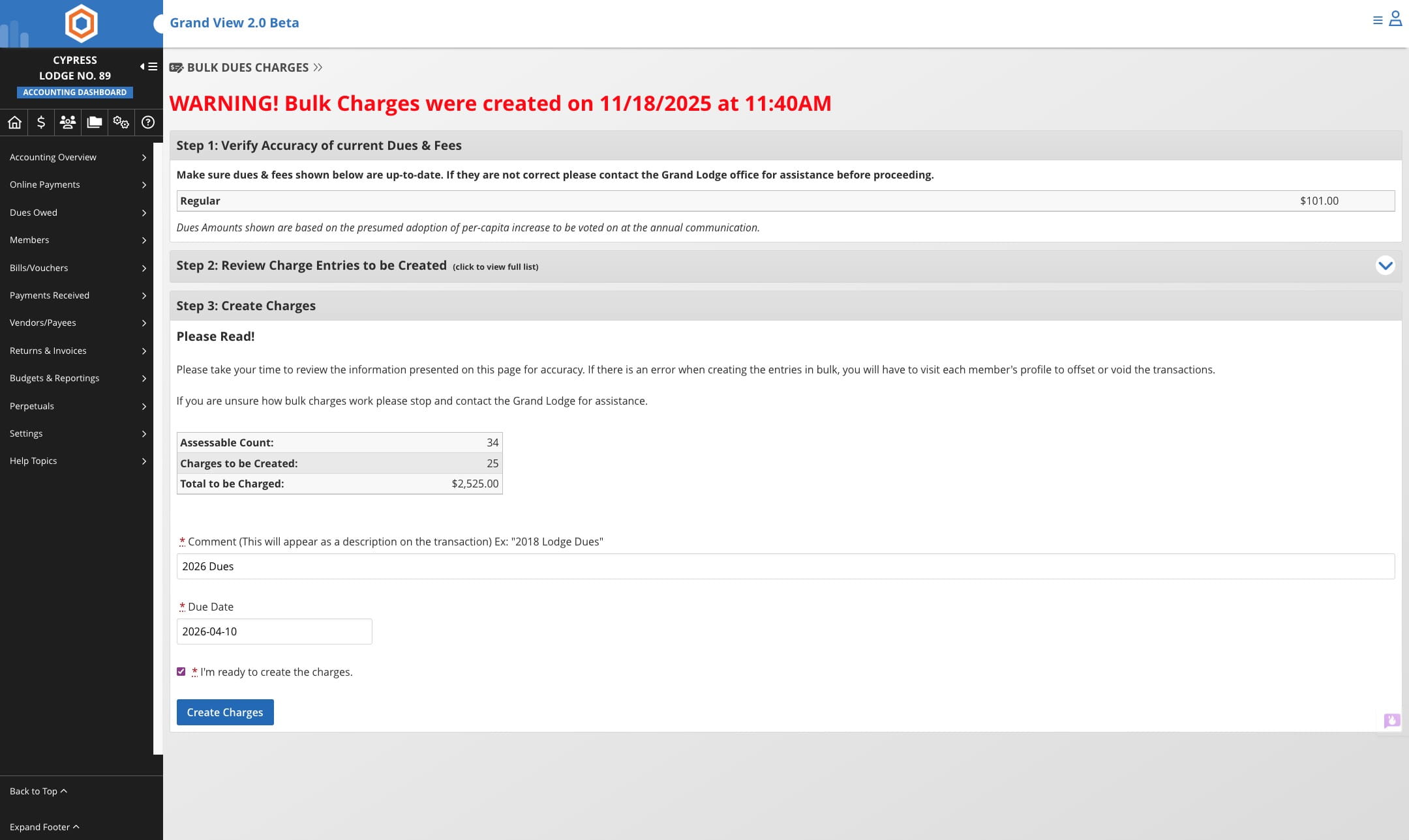 Click here on "Create Charges" to assess the members