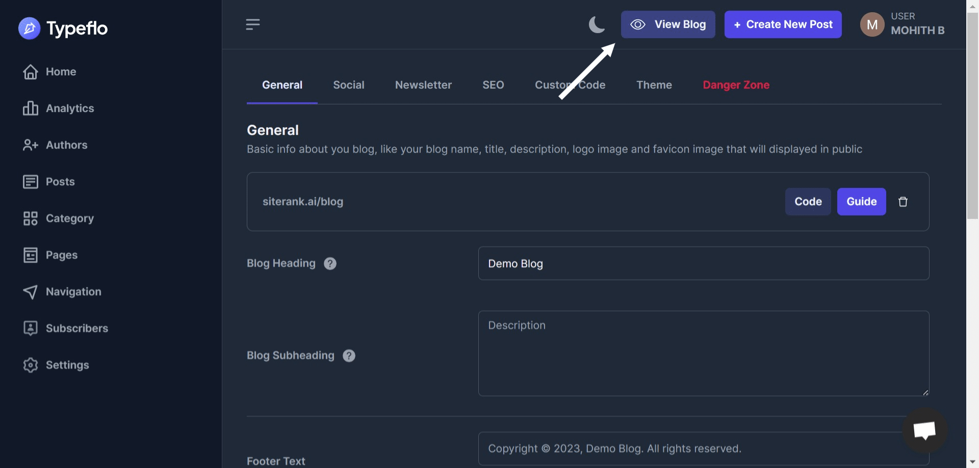 Once added wait for 1-2 min & visit your domain with subfolder or you can simply go to Typeflo Dashboard & click **"View Blog"**
