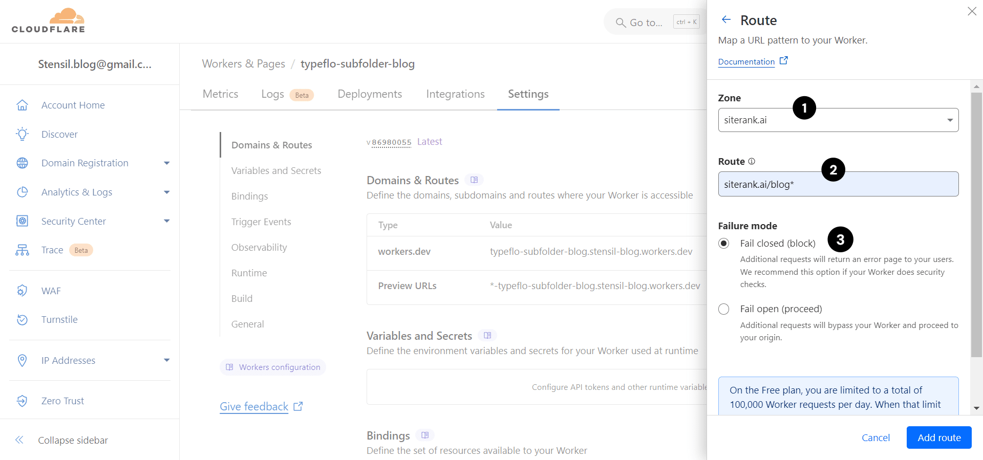 1. Select the *Zone* to your linked domain address with Typeflo

2. Add the *Route* as **yourdomain.com/subfolder***. yourdomain.com is your website's domain URL. Please do not enter "https://" in the URL. If your main website's path contains www, enter the route as **www.yourdomain.com/subfolder***

3. Then select the *Failure mode* to **"Fail closed (block)"**