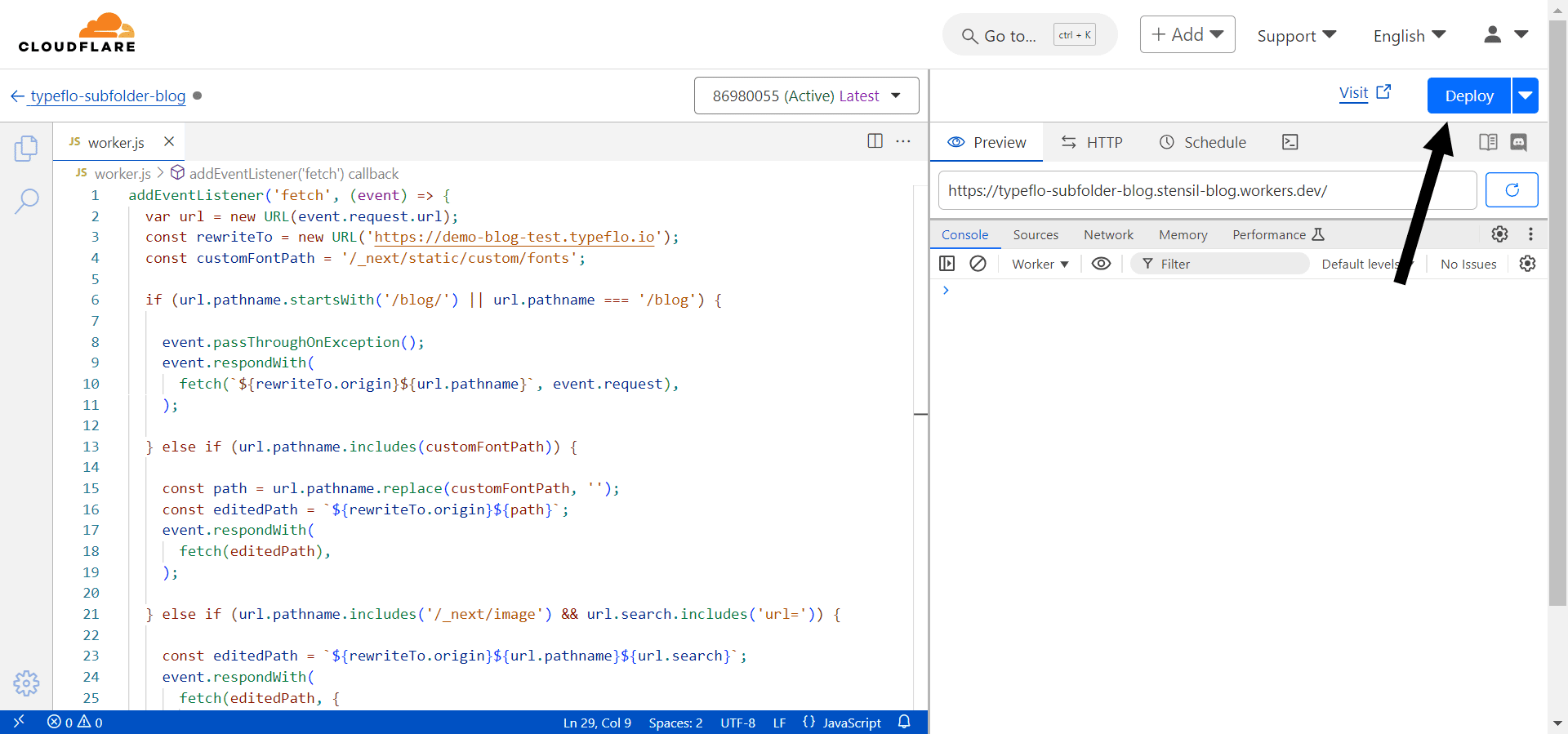 Go back to Cloudflare. Remove all the existing code & paste the copied code from Typeflo Dashboard. Then click on **"Deploy"**