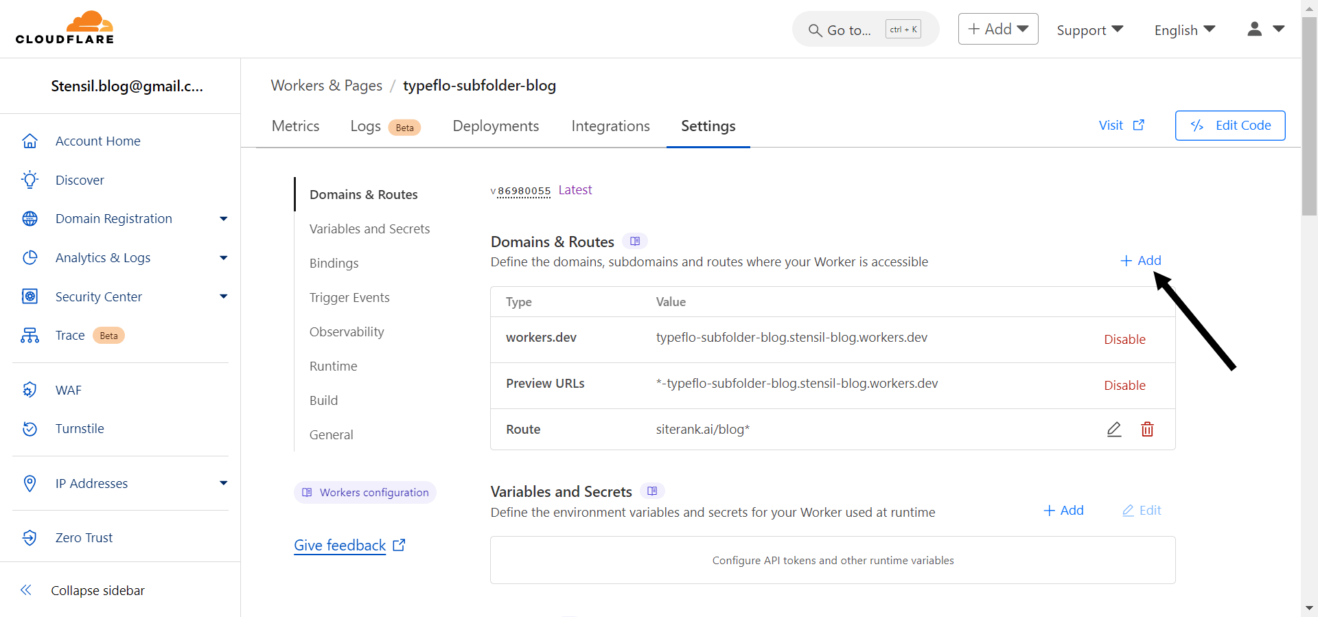 Once the 1st route is added, you need to add another Route for the CSS & Javascript of your Typeflo website to work. So, click on **"+ Add"** again and then select **"Route"** from the option