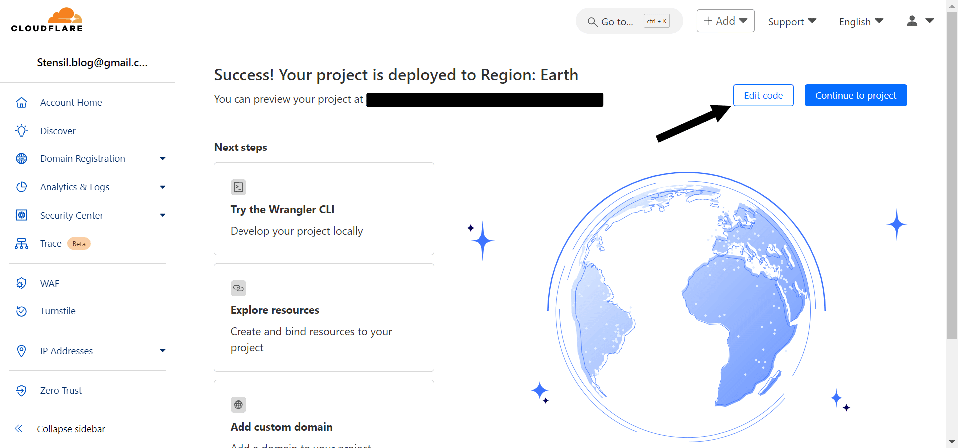 Once deployed. You will get the below screen. Click on **"Edit code"**