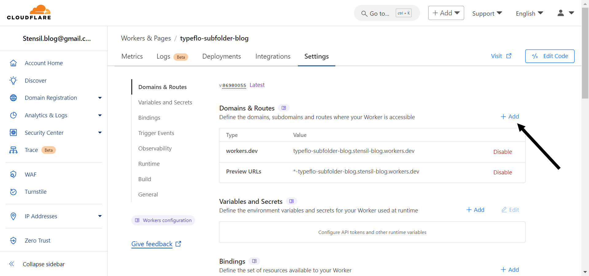In *Domains & Routes*, click **"+ Add"**