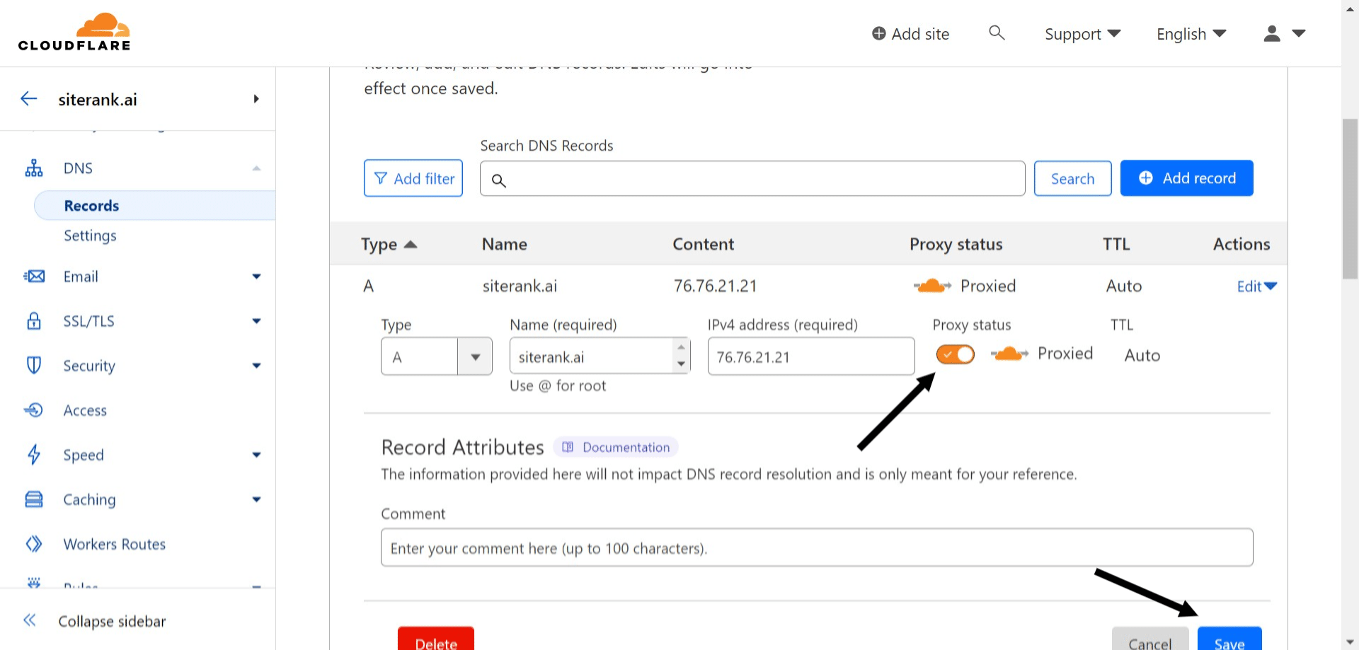 Toggle the **Proxy status** to "On" and click **"Save"**