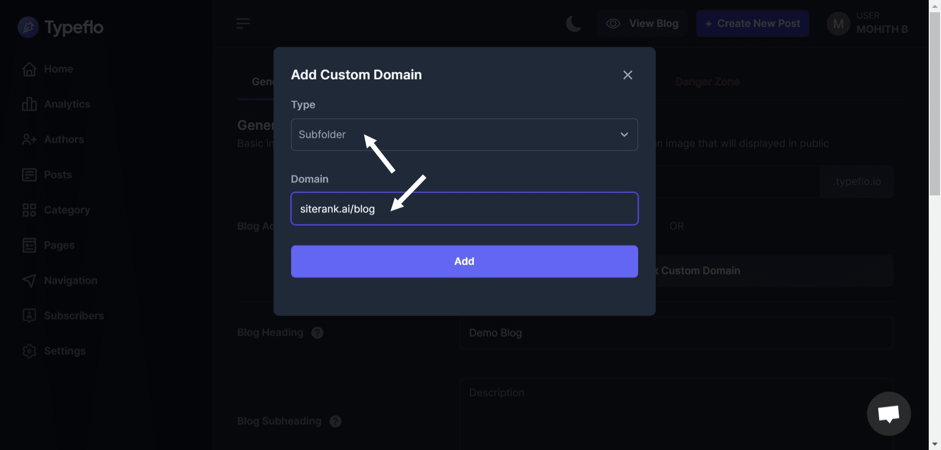 Select the type as "Subfolder" and enter the complete URL with the subfolder slug.