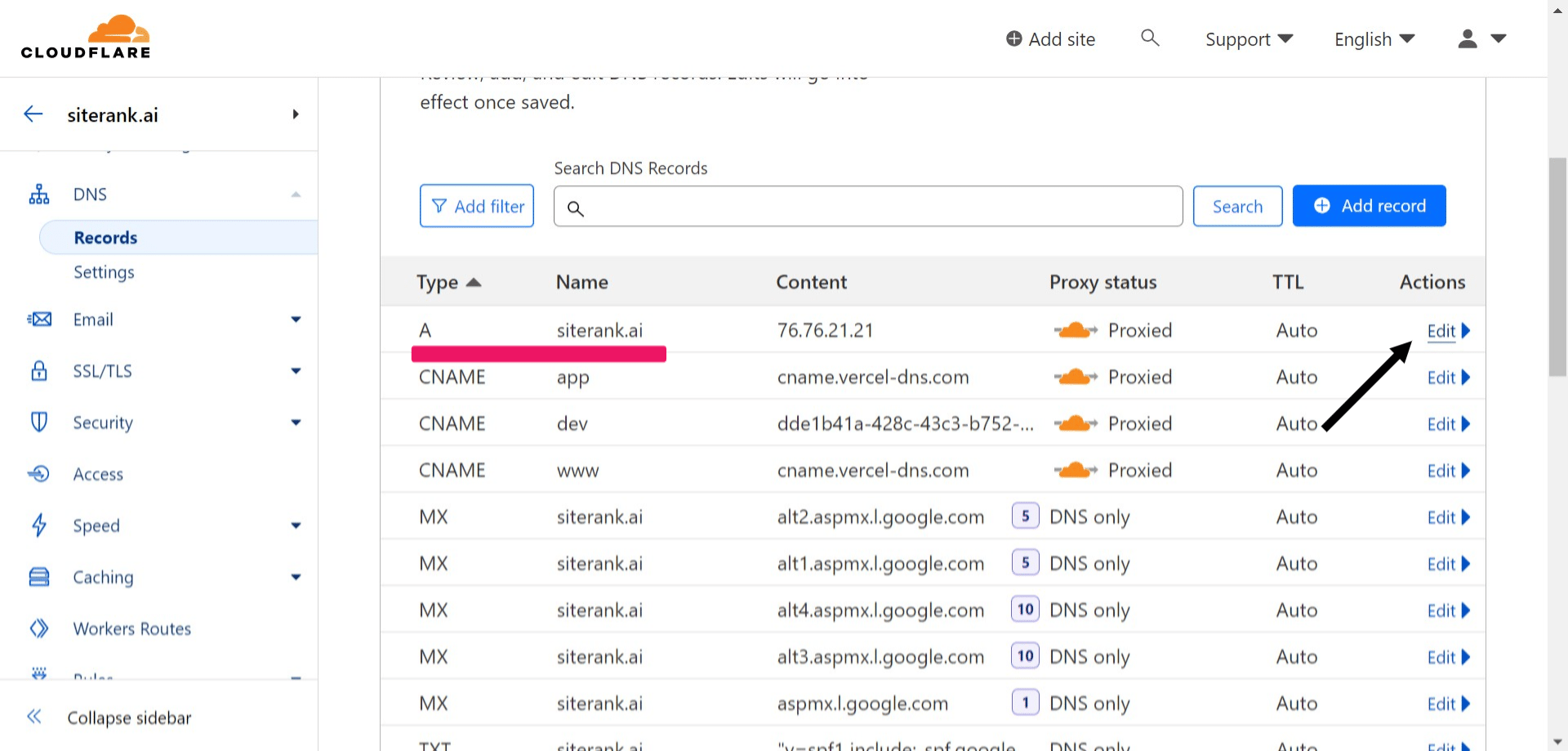 Find the **"A"** record with **"Name"** as your domain address & Click on **"Edit"**