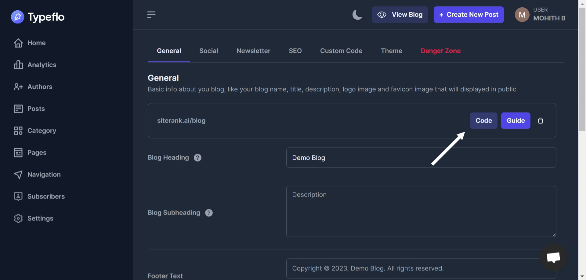 Go back to the Typeflo Dashboard, from the General Settings click on **"Code"**