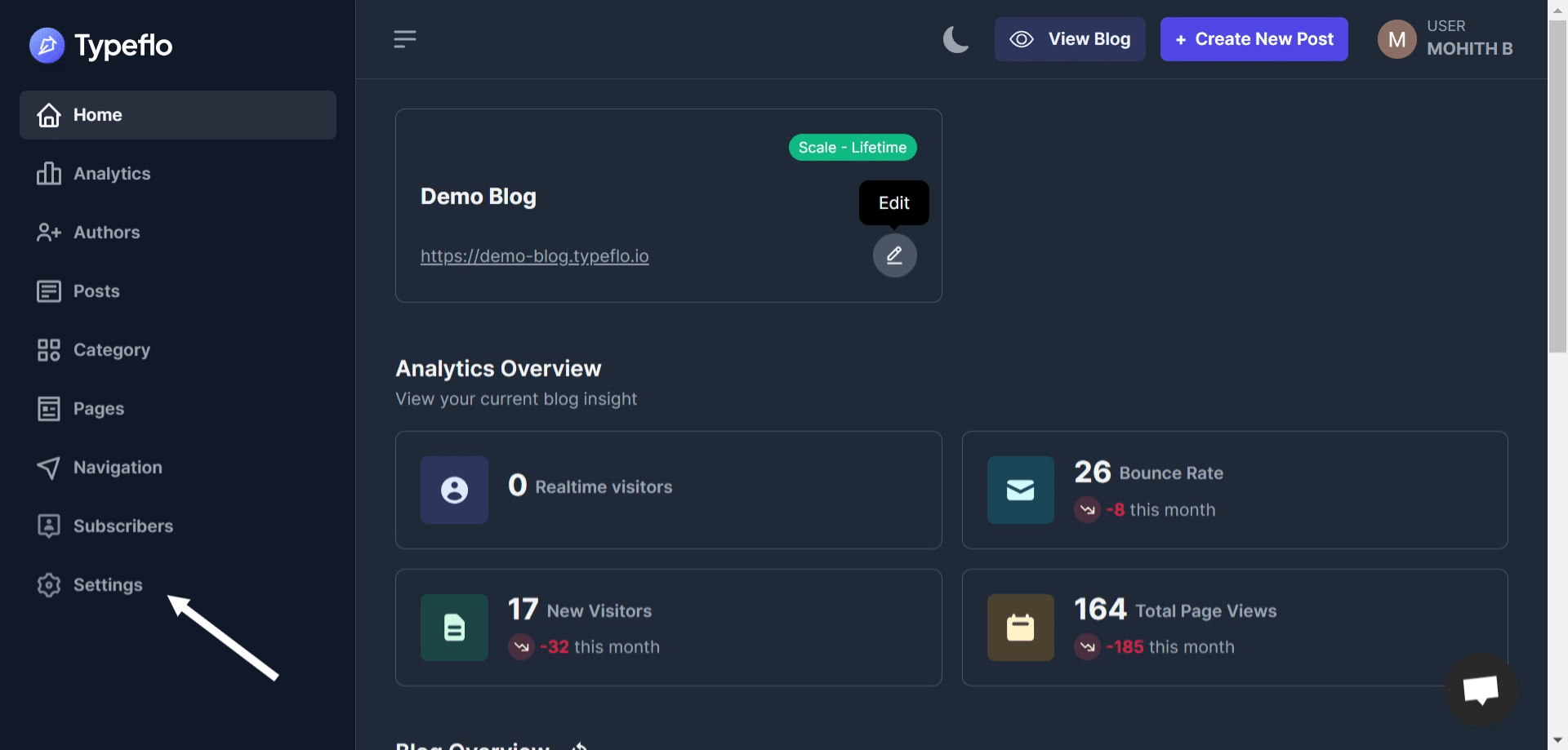Navigate to your Typeflo dashboard and click on **"Settings"**