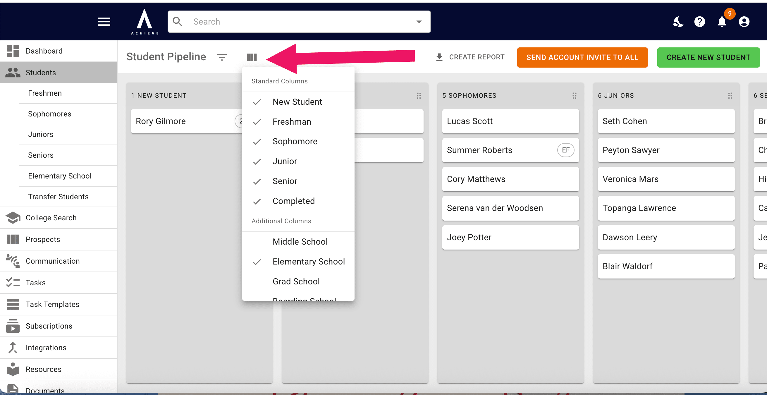 You can also select the **Column** icon to select and de-select status columns as needed