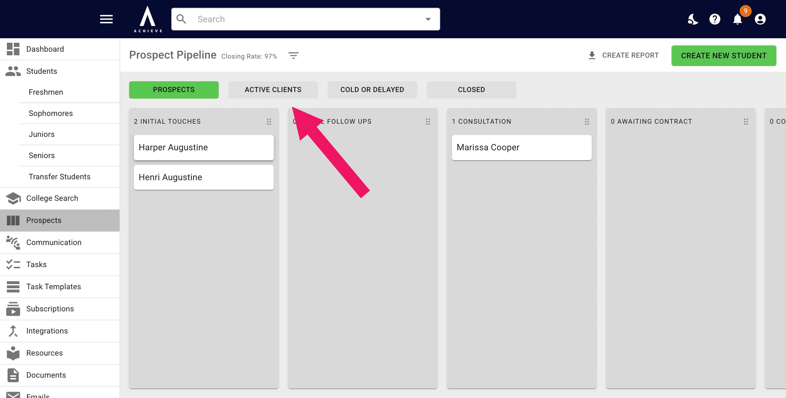 Drag and drop the student you're recategorizing to the **Active Clients** header